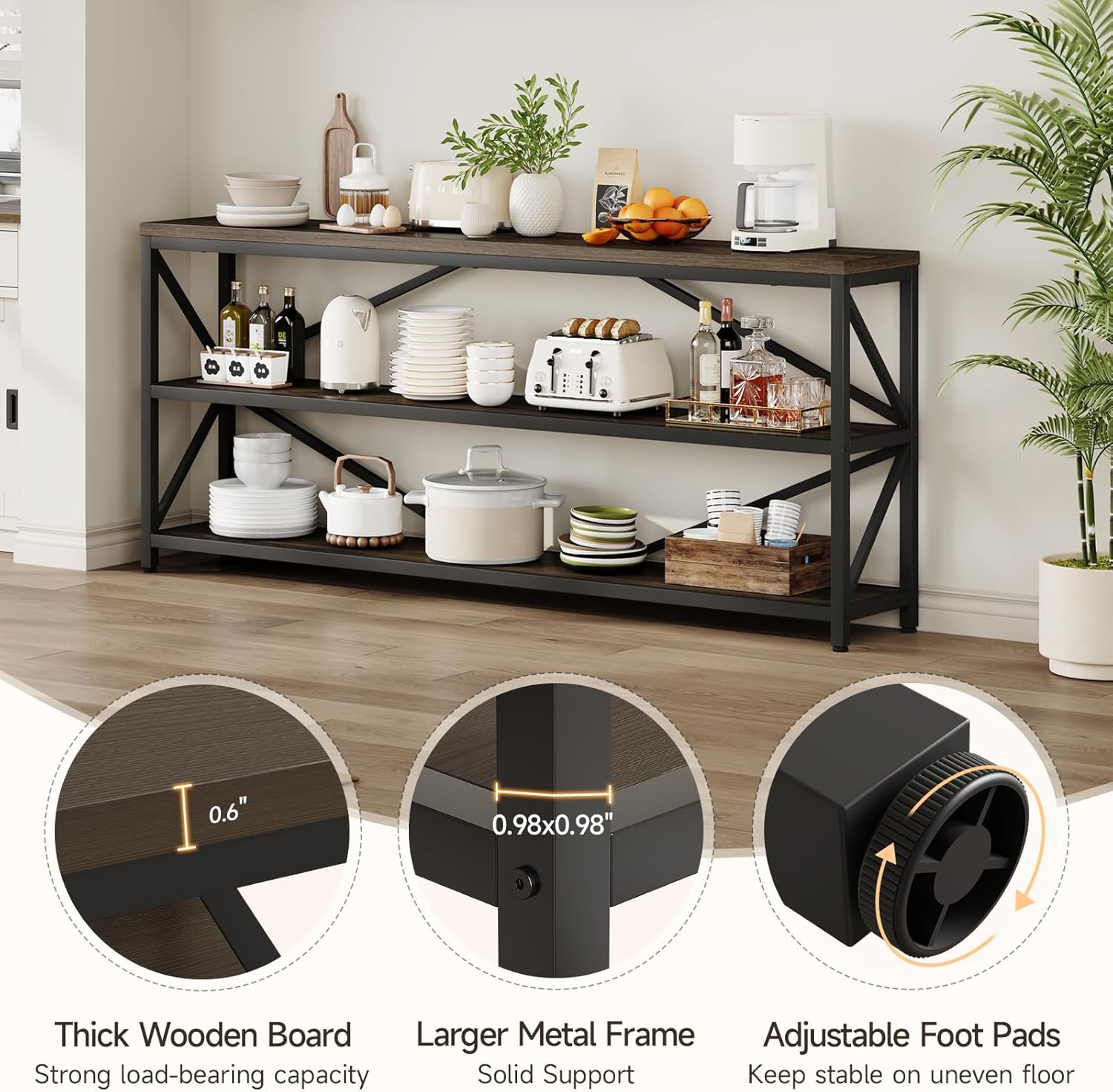 ONBRILL Industrial Console Sofa Table,70.8 Inch Extra Long Entryway Table with 3 Tier Wood Storage Shelf for Living Room, Hallway, Entrance, Narrow Sofa Table with Metal Frame, Black and Brown