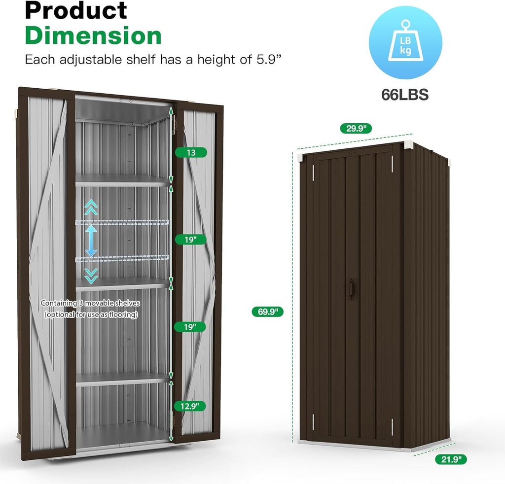 AECOJOY Outdoor Storage Cabinet Waterproof with Adjustable Shelves, Vertical Tall Garden Tool Cabinet, Sheds & Outdoor Storage Clearance Cabinet Weatherproof for Outside or Indoor in Brown