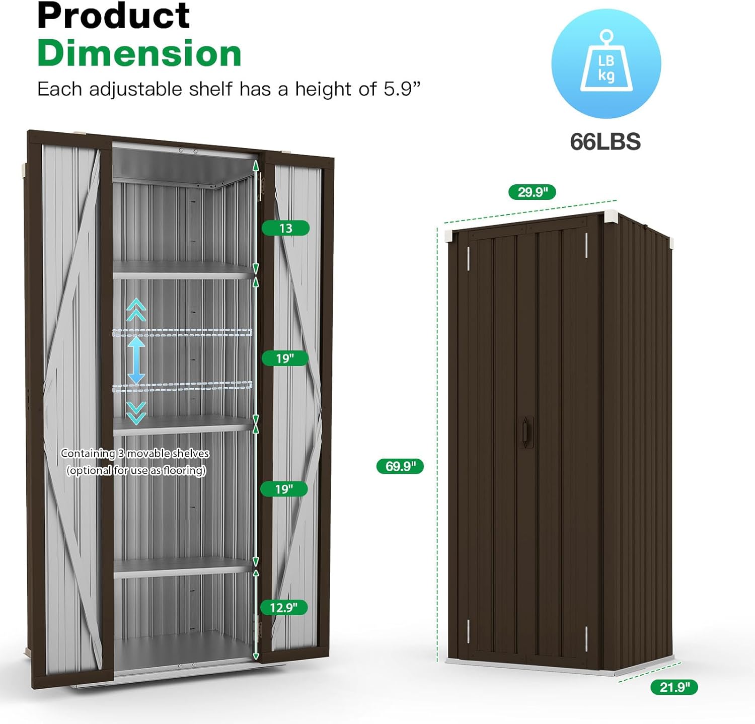 AECOJOY Outdoor Storage Cabinet Waterproof with Adjustable Shelves, Vertical Tall Garden Tool Cabinet, Sheds & Outdoor Storage Clearance Cabinet Weatherproof for Outside or Indoor in Brown