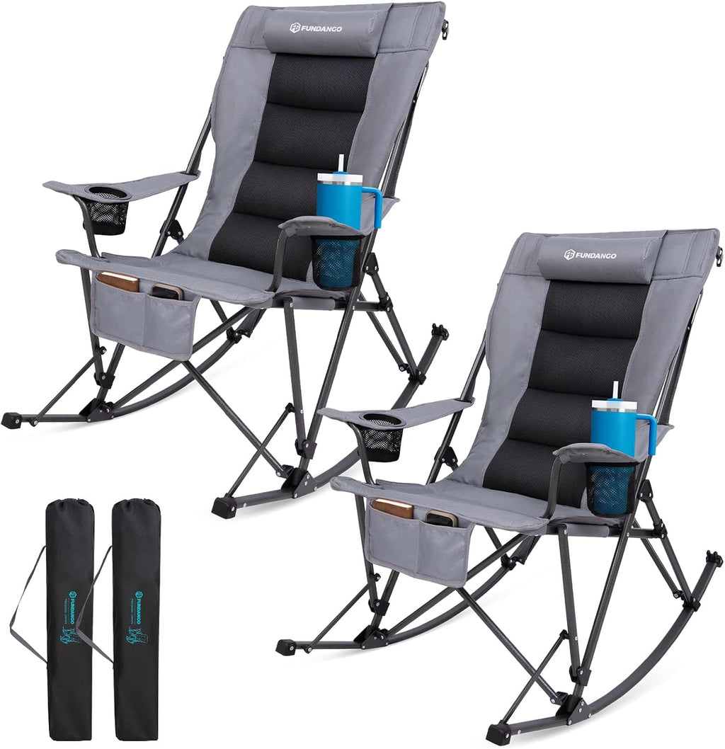 FUNDANGO Oversized Rocking Camping Chair for Adults, 2 Pack High Back Padded Folding Lawn Chairs with Pillows, Wide Armrest, 2 Cup Holders, Carry Bag for Patio Garden Outdoor Supports 440Lbs