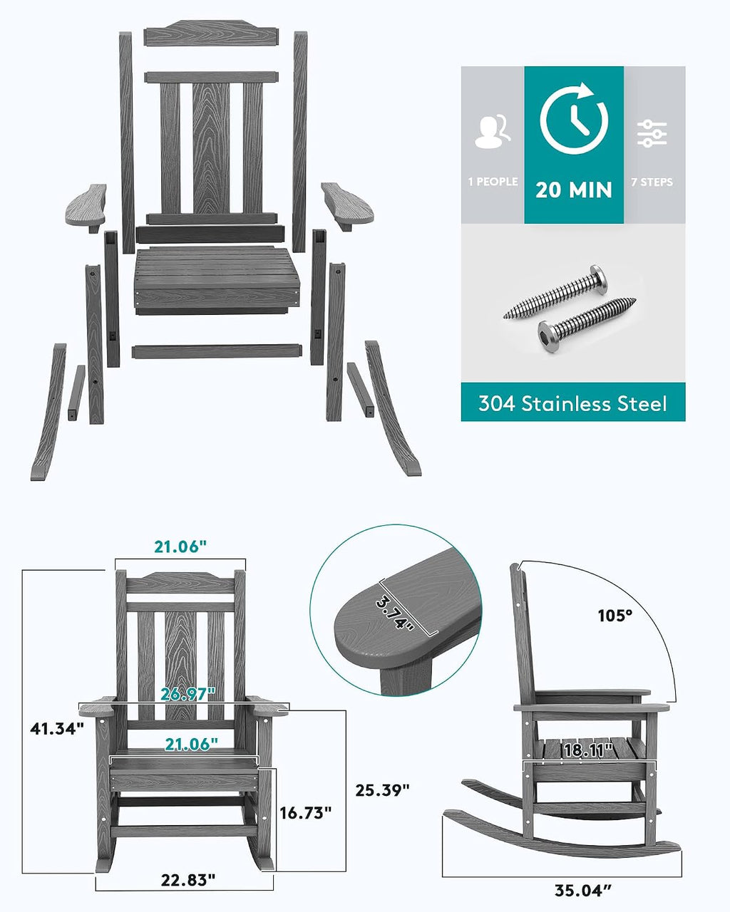 SERWALL HDPE Outdoor Rocking Chair for Adults, Outdoor Rocking Chairs Set of 6, Patio Rocking Chair Sets, Gray