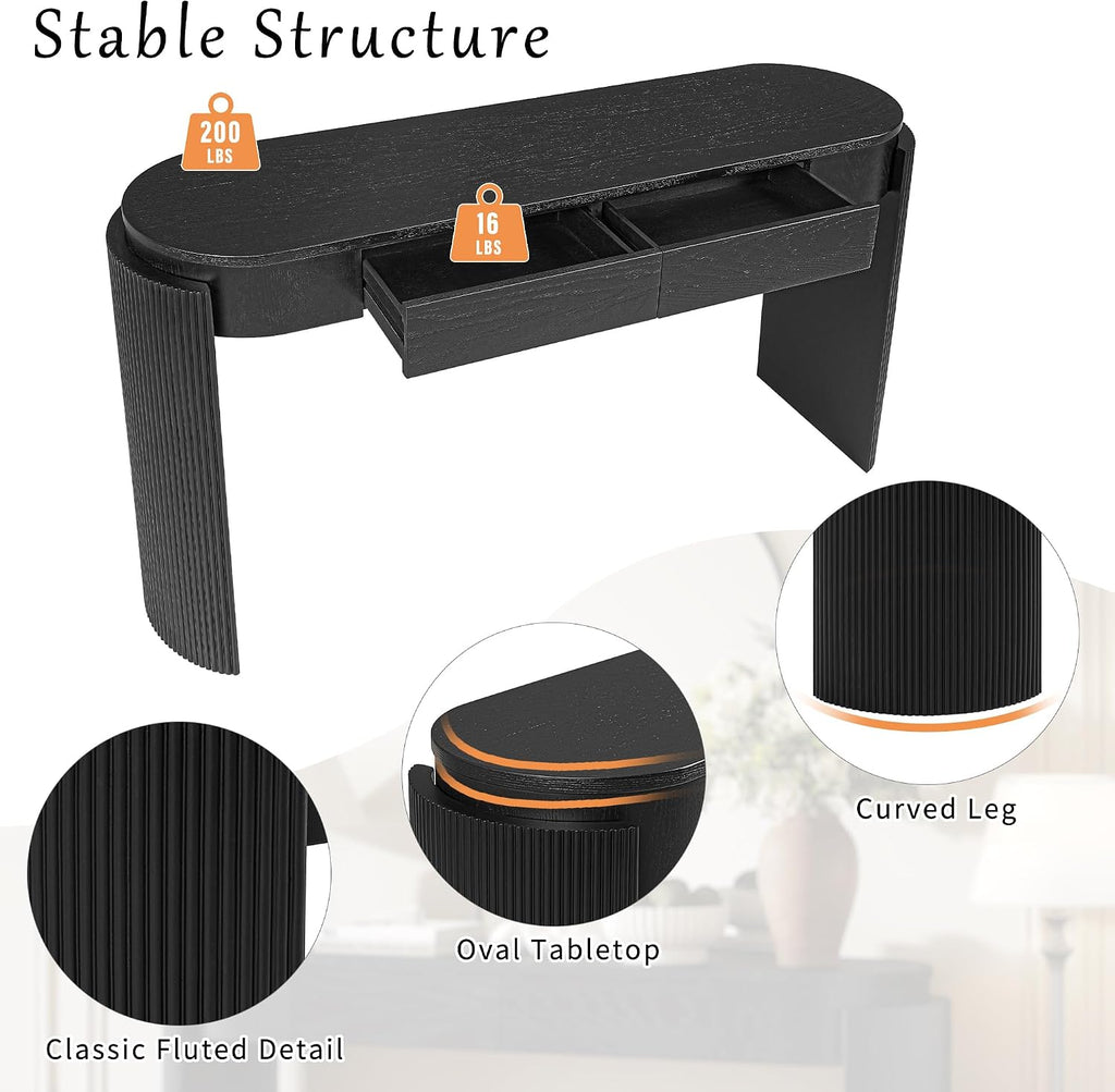 LKTART 55' Sofa Table with Oval Top and 2 Drawers, Entryway Console Table with Fluted Design for Hallway,Foyer,Entry and Living Room (Easy Assembled-Black)