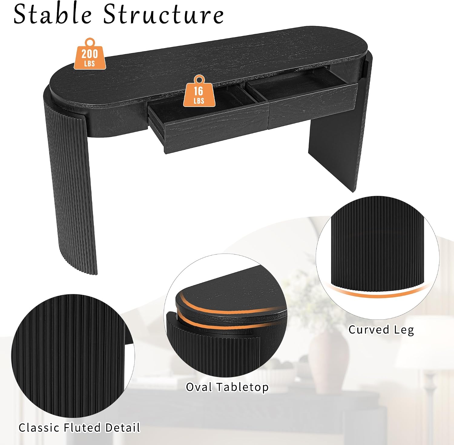 LKTART 55' Sofa Table with Oval Top and 2 Drawers, Entryway Console Table with Fluted Design for Hallway,Foyer,Entry and Living Room (Easy Assembled-Black)