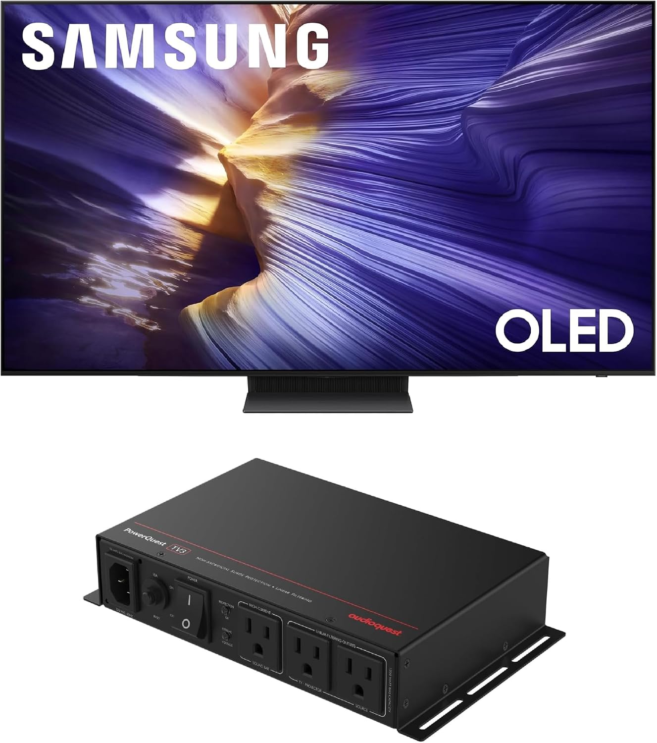 Samsung QN77S90FAFXZA 77 Inch 4K OLED Smart TV with an AudioQuest PQTV3 3-Outlet Non-Sacrificial Surge Protector (2025)