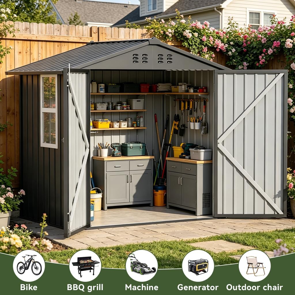 COMHOMA Outdoor Storage Shed with Window,Metal Lockable Garden Toolhouse, Ventilated Weather-Resistant Backyard Utility Workshop for Storage(Light Grey,6x4ft)