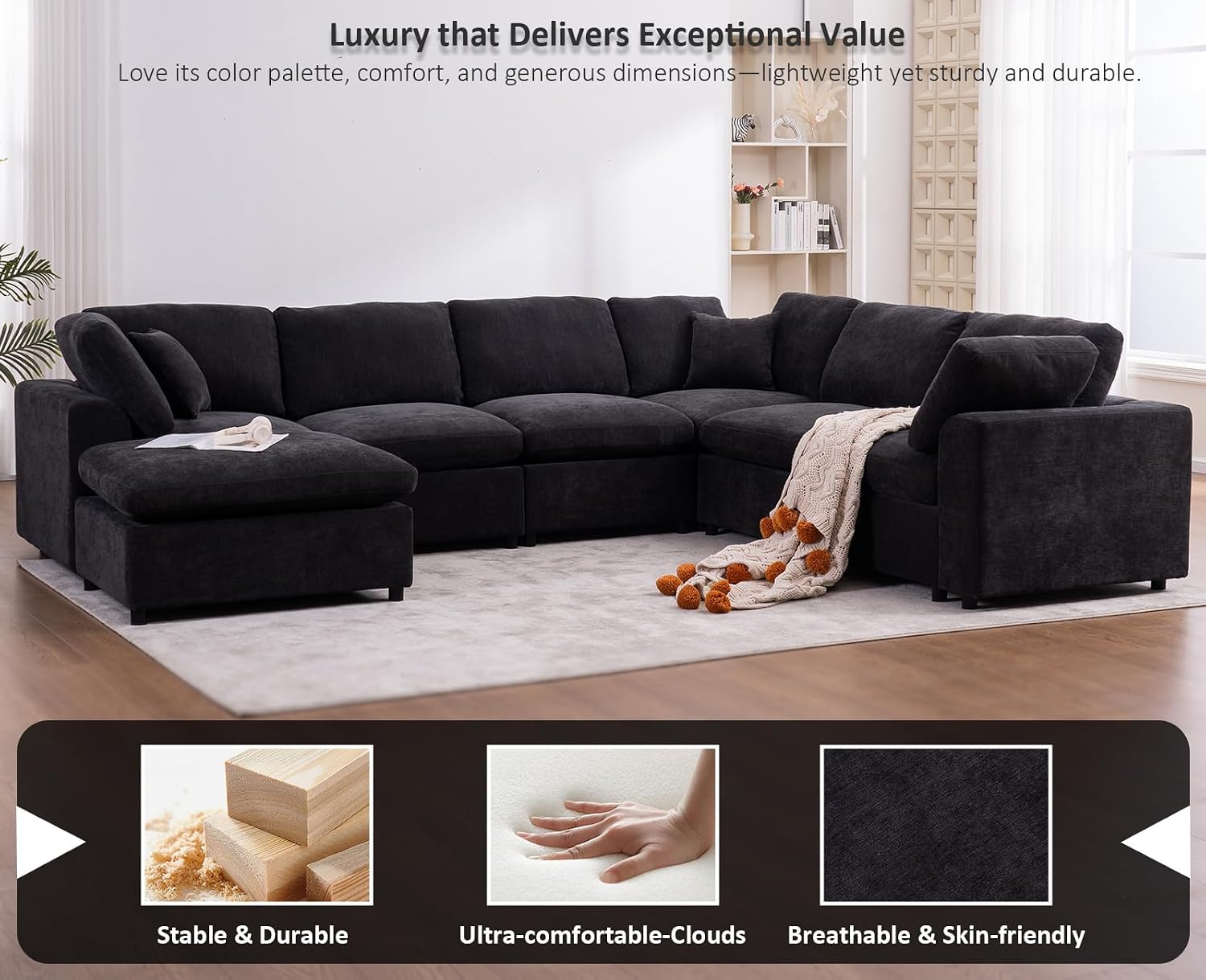 Oversized Modular Sectional Sofa Couch, Large 7 Seater Corner Sofa Modern U Shaped Sectional Couch with Ottoman Cloud Couches for Living Room, Office, Spacious Space, Black