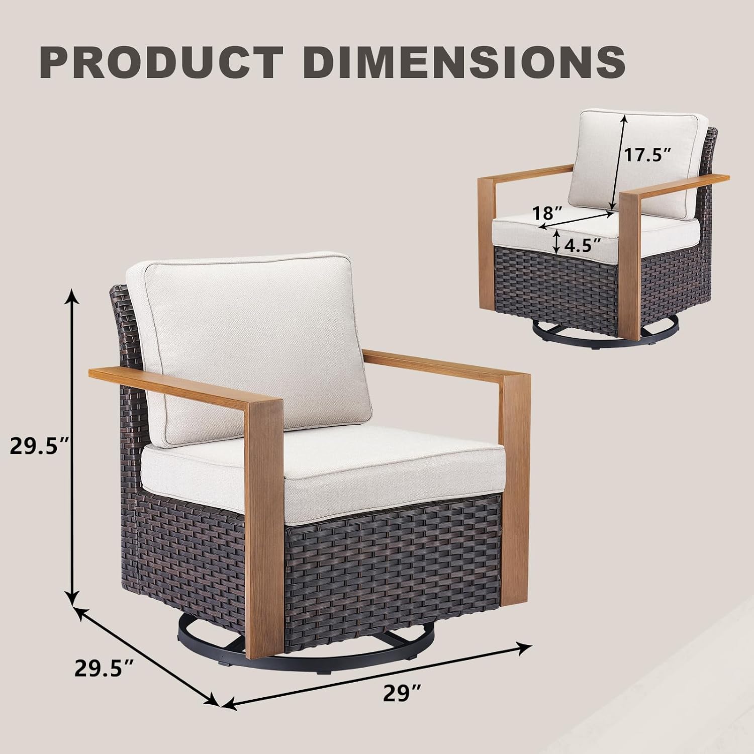Rilyson Outdoor Patio Swivel Rocker Chairs - Wicker Rattan Patio Swivel Rocking Chairs Set of 2 with Metal Wide Armrest, Thick Cushions and Deep Seating for Deck Porch Sunroom Garden(Brown/Beige)