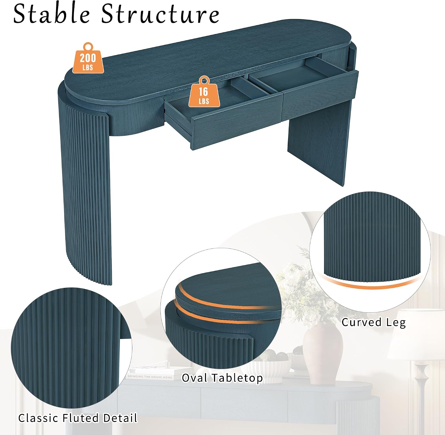 LKTART 55' Sofa Table with Oval Top and 2 Drawers, Entryway Console Table with Fluted Design for Hallway,Foyer,Entry and Living Room (Easy Assembled-Navy)
