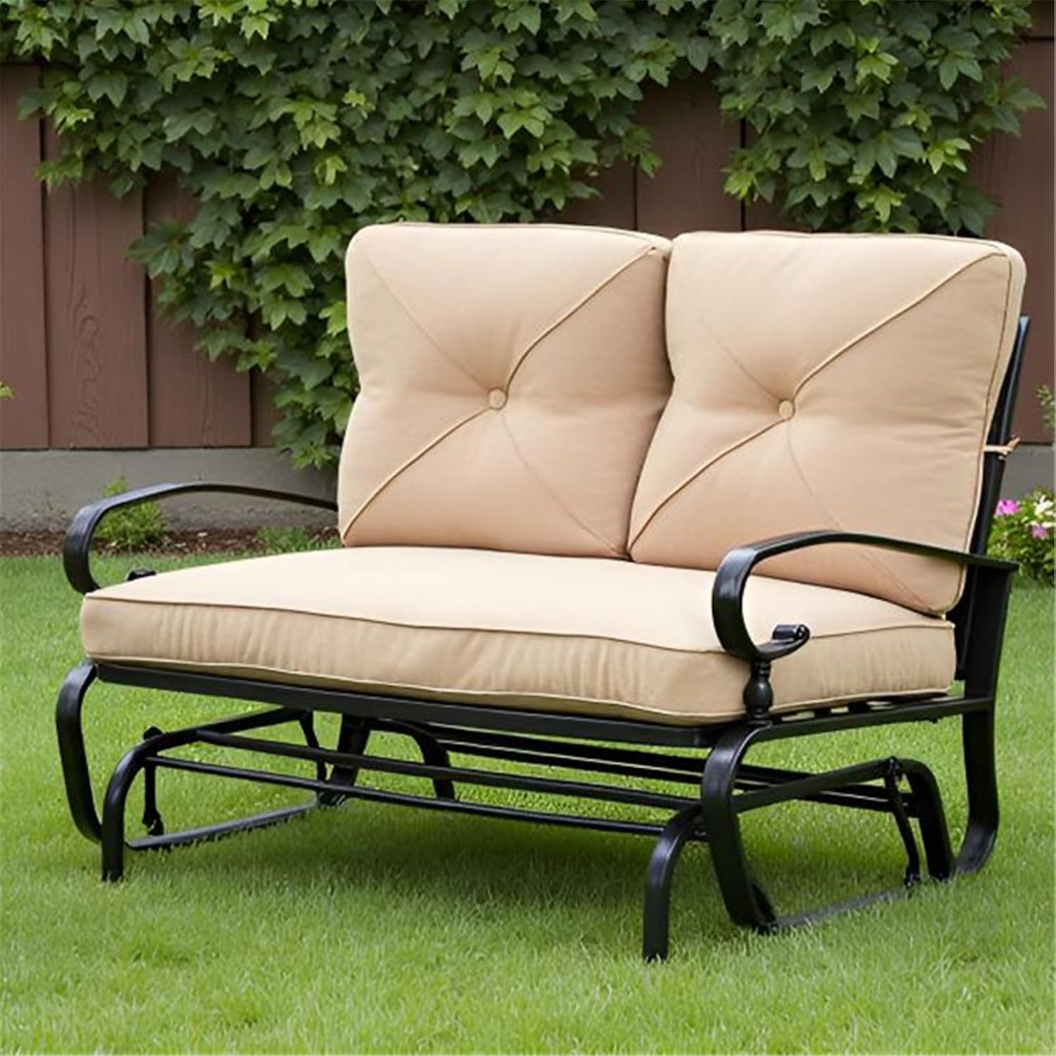 SUNCROWN Outdoor Swing Glider Chair, Patio 2 Seats Loveseat Rocking Chair with Cushions, Steel Frame Furniture - Brown