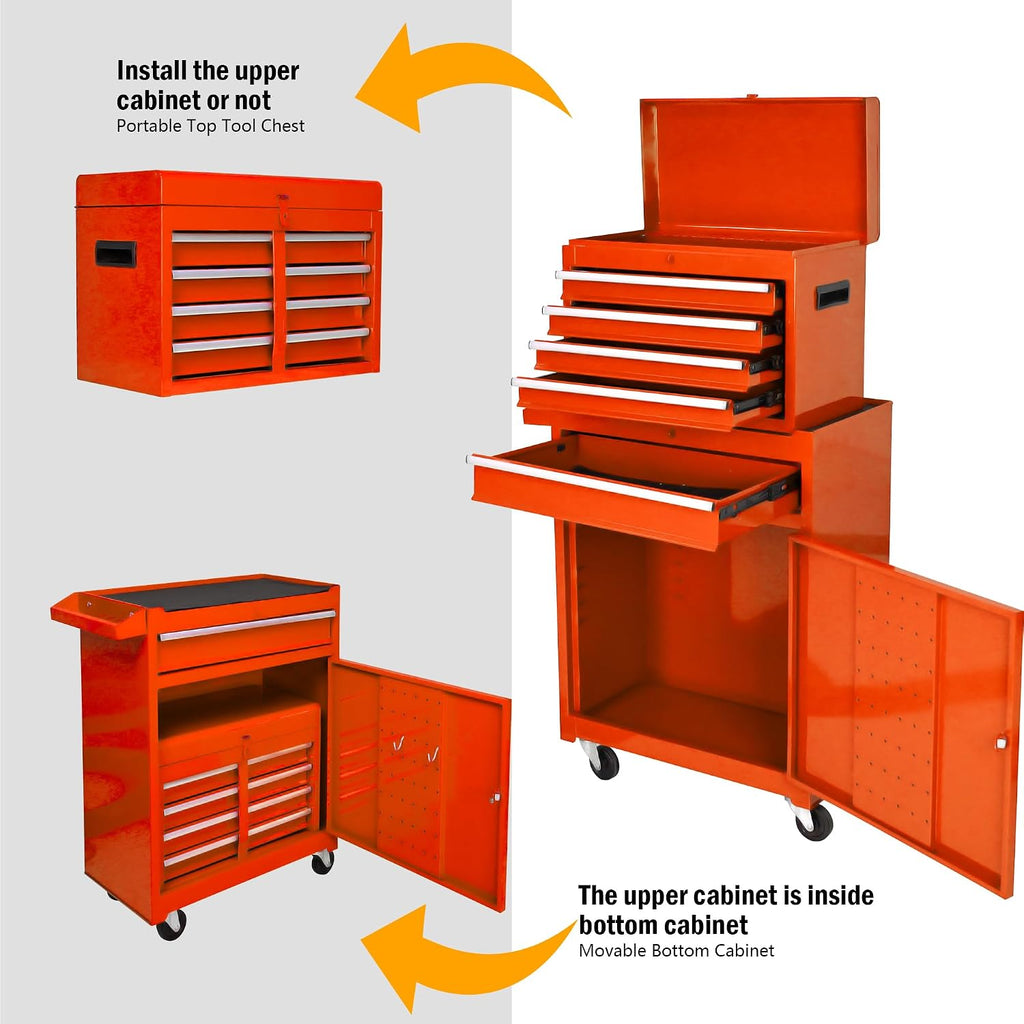 5-Drawer Tool Chest, Rolling Tool Box with Detachable Top Toolbox & Universal Wheels, Tool Cabinet with Lock Bar, Protective Liner & Tool Rack, Metal Storage Cart for Garage,Workshop (Orange)