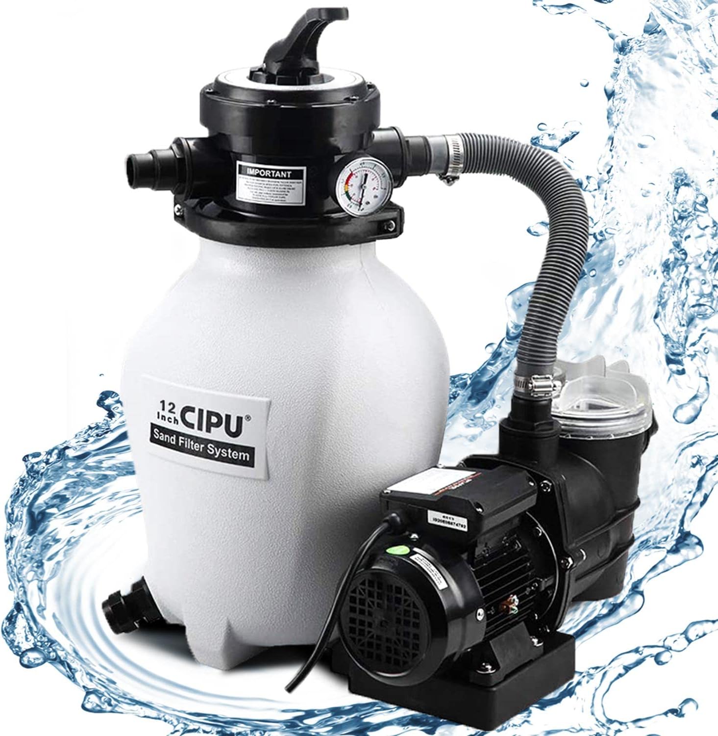 CIPU 12-inch Sand Filter Pump System Handy 4-Way Valve for Above Ground Swimming Pools with Prefilter Pool Pump 115V 6-Foot Cord to Easy Installation SFPS12501