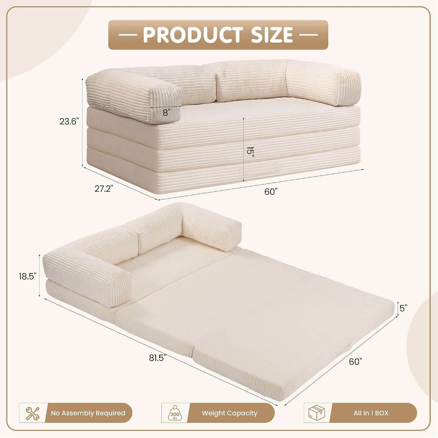 5-in-1 Convertible Sofa Bed,60' Boneless Couch Tri Folding Floor Mattress with Removable L-Shaped Armrests & Handle,Corduroy Futon Couch Sleeper with Pull Out Bed for Living Room Bedroom Apartment