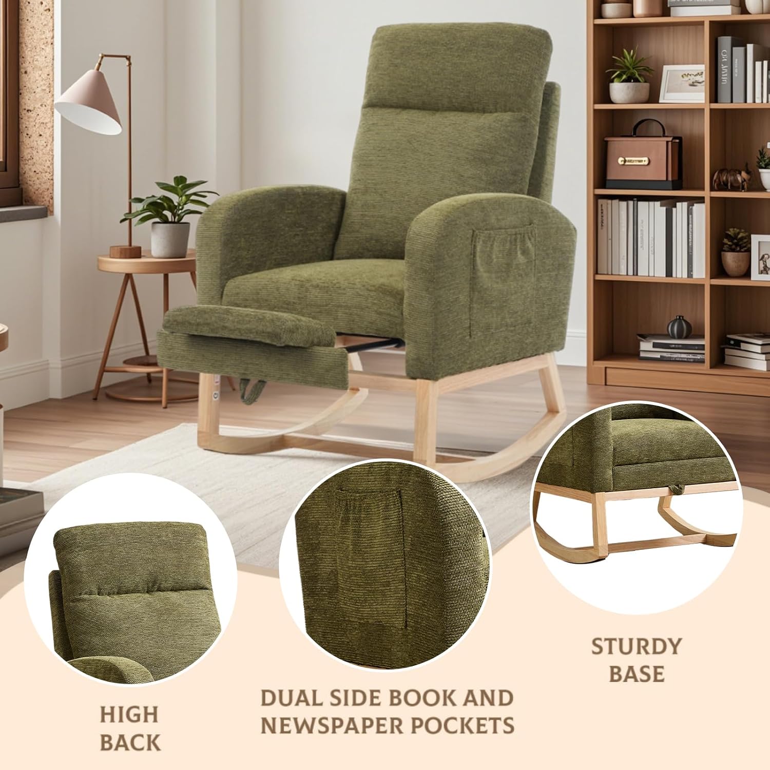 Rosevera Nursery Rocking Chair with Adjustable Footrest for Living Room - Teddy Fabric, Solid Wooden Legs, Comfortable Lounge Armchair with High Backrest and Side Pockets (Contemporary, Cyan-1 line)