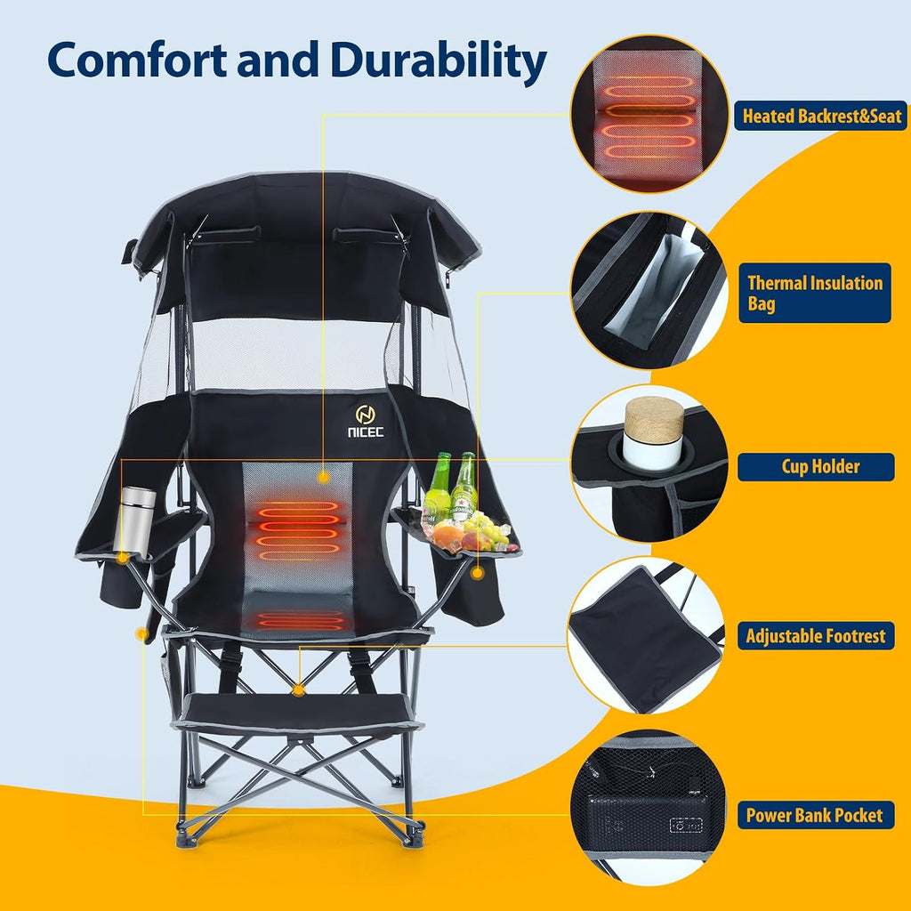Nice C Chair with Canopy, Heated Camping Chair with Battery, Outdoor Sports Chairs with Shade, Heated Folding Umbrella Lawn Chairs, with Removable Footrest (2-Pack)