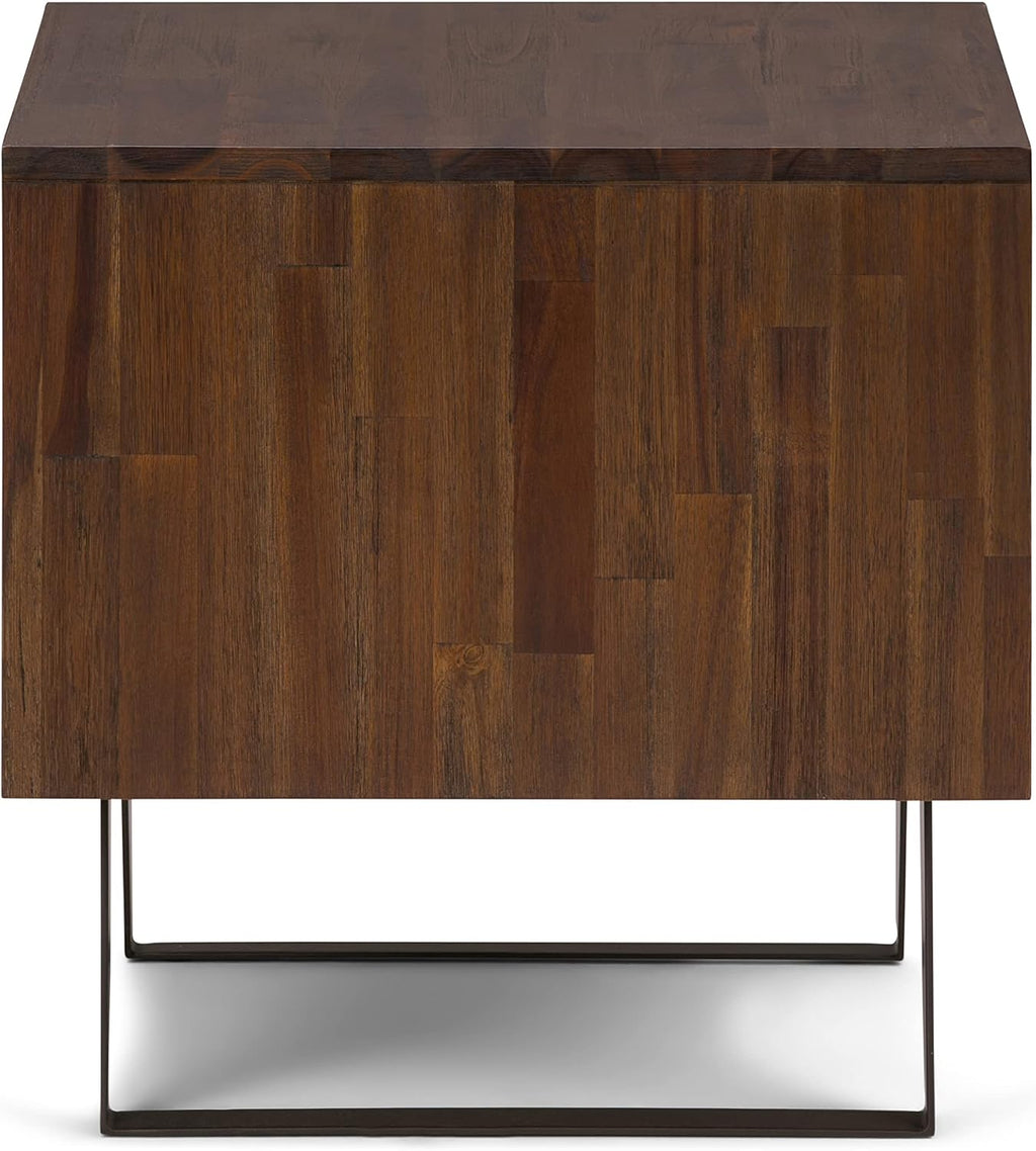 SIMPLIHOME Lowry End Table - 22 inch Wide Solid Acacia Wood Square Accent Table with Drawer and Open Shelf in Distressed Charcoal Brown, Modern Industrial Lamp Stand with Angled Legs for Living Room