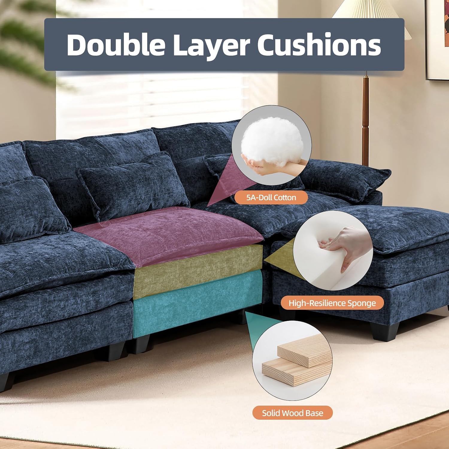108' Modular Sectional Sofa, Comfy Cloud Couch with Ottoman & USB Port for Living Room, L Shaped Modern Chenille Couches for Bedroom, Apartment, Blue