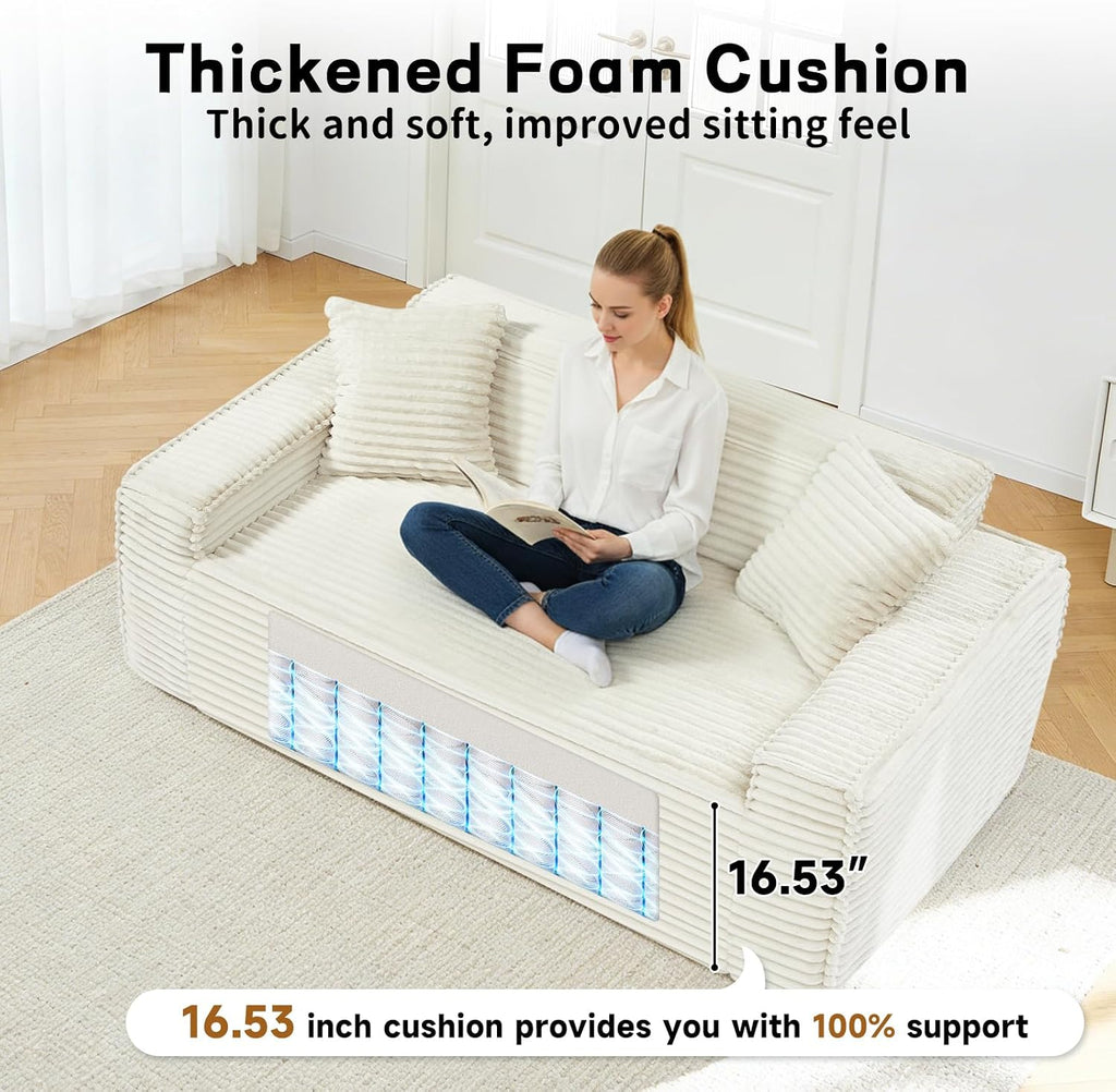 3 Seater Sofa Couch for Living Room (Beige, 38' D + 2 Pillows)
