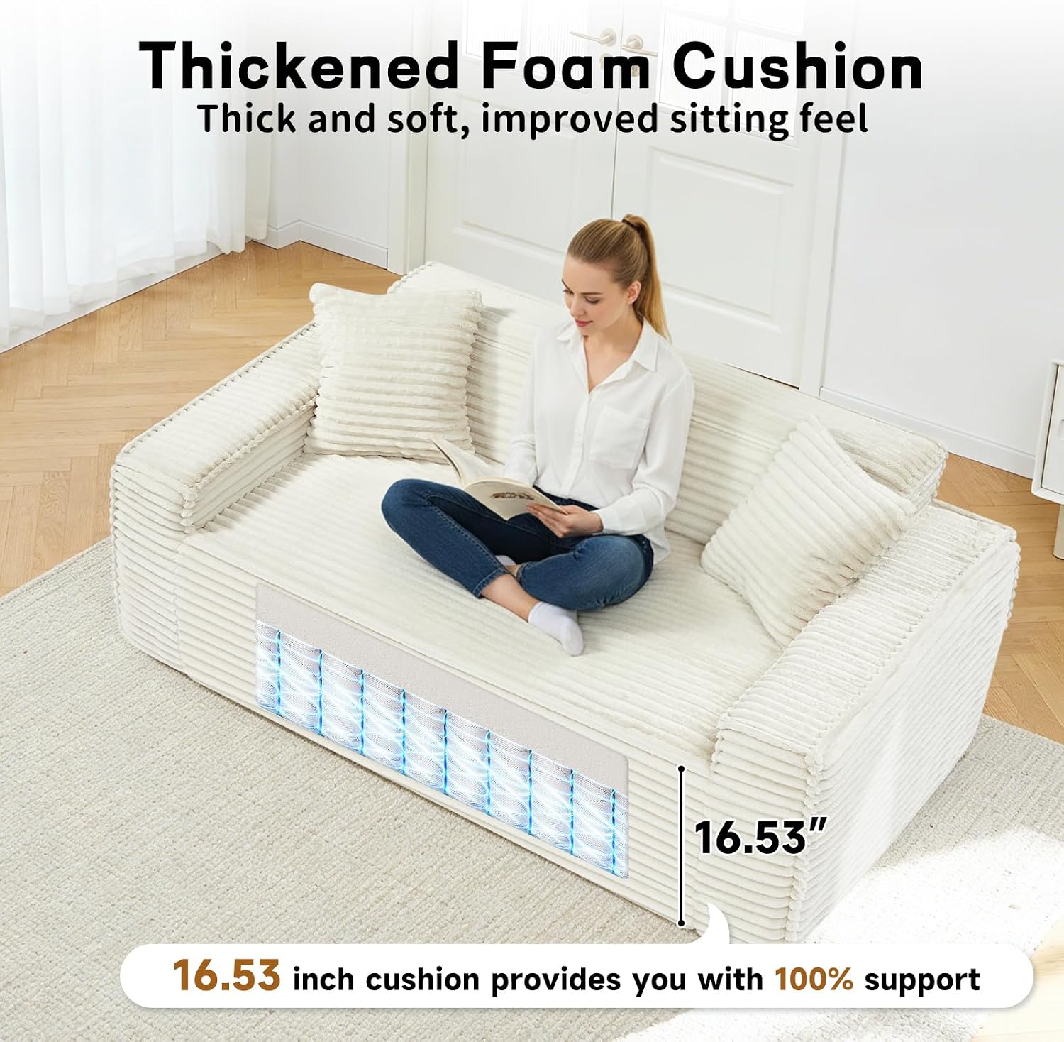 3 Seater Sofa Couch for Living Room (Beige, 38' D + 2 Pillows)