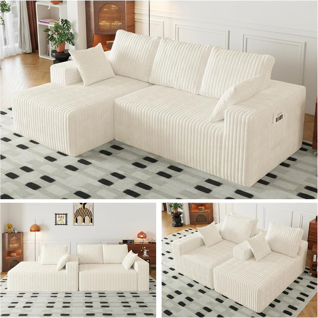 96' Modular Sectional Cloud Couch for Living Room Deep Seat L Shapes Boneless Couch with Oversized Chaise Lounge, Comfy Memory Foam Flannel Fabric Sofa for Bedroom Apartment, No Assembly Required