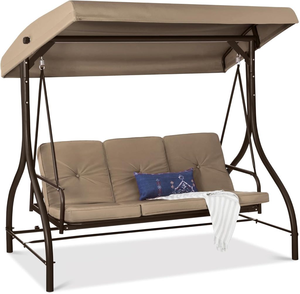 Best Choice Products 3-Seat Outdoor Large Converting Canopy Swing Glider, Patio Hammock Lounge Chair for Porch, Backyard w/Flatbed, Adjustable Shade, Removable Cushions - Desert Taupe