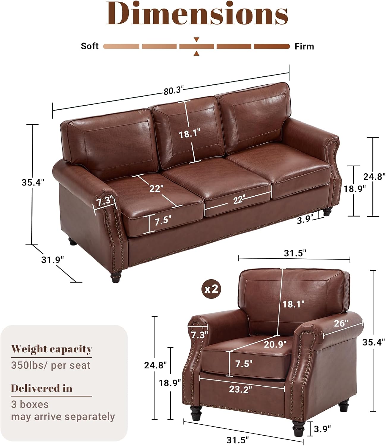 Kingfun 3 Seater Sofa, Mid-Century Modern Faux Leather Couch Set for Living Room, Darkcoffee with Rolled Arms & Nailhead Trim, Easy Assembly