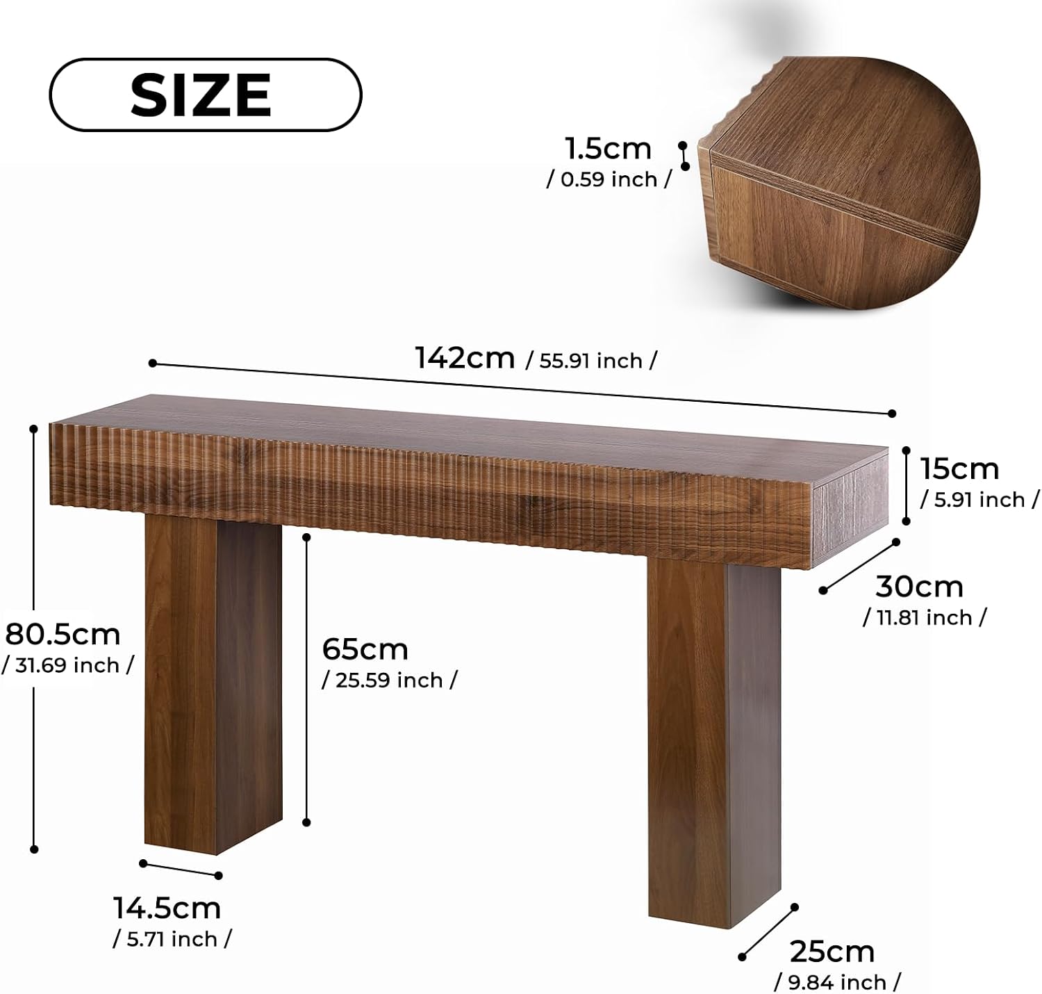 ZYBT 56' Fluted Console Table, Boho Vanity Desk Wooden Narrow Sofa Table Behind The Couch, Farmhouse Entryway Table for Entrance, Hallway,Living Room,Bedroom, Home Office,Brown