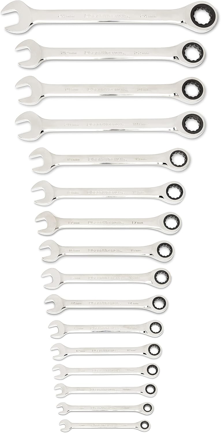 GEARWRENCH 30 Piece 12 Point Ratcheting Combination SAE/Metric (1/4-1 in., 8-24 mm) Wrench Set with Wrench Racks - 86702