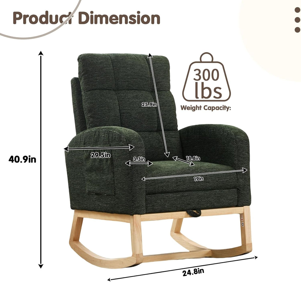 Rosevera Nursery Rocking Chair with Adjustable Footrest for Living Room - Teddy Fabric, Solid Wooden Legs, Comfortable Lounge Armchair with High Backrest and Side Pockets (Modern, Dark Green)