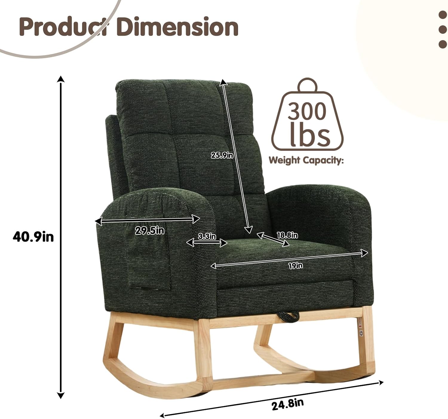 Rosevera Nursery Rocking Chair with Adjustable Footrest for Living Room - Teddy Fabric, Solid Wooden Legs, Comfortable Lounge Armchair with High Backrest and Side Pockets (Modern, Dark Green)