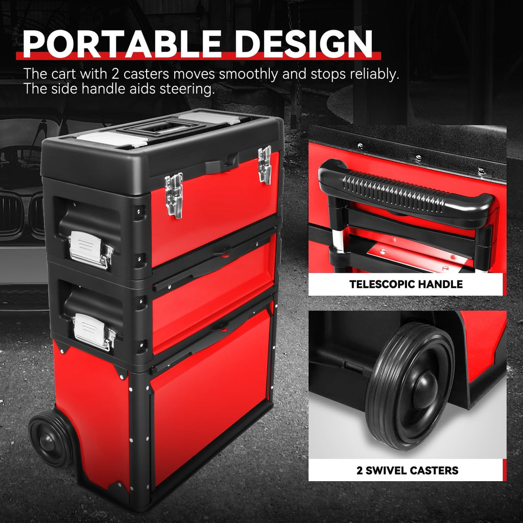 Auto Dynasty Stackable Tool Box 3-Tier Tool Separate Organizer Rolling Tool Chest with Wheels 3-in-1 Upright Trolley for Garage or Workshop, Red