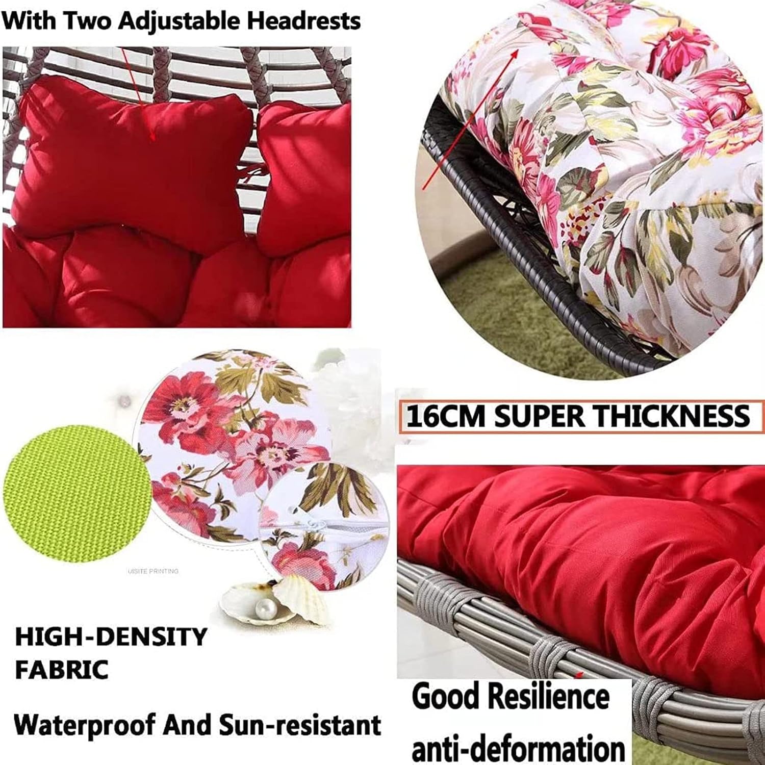 Replacement Double Egg Chair Cushion Outdoor Patio Wicker Loveseat Hanging Swing Egg Chairs for 2 Persons, Ideal for Patio, Backyard, Balcony - Hammock Swing Chair Cushion