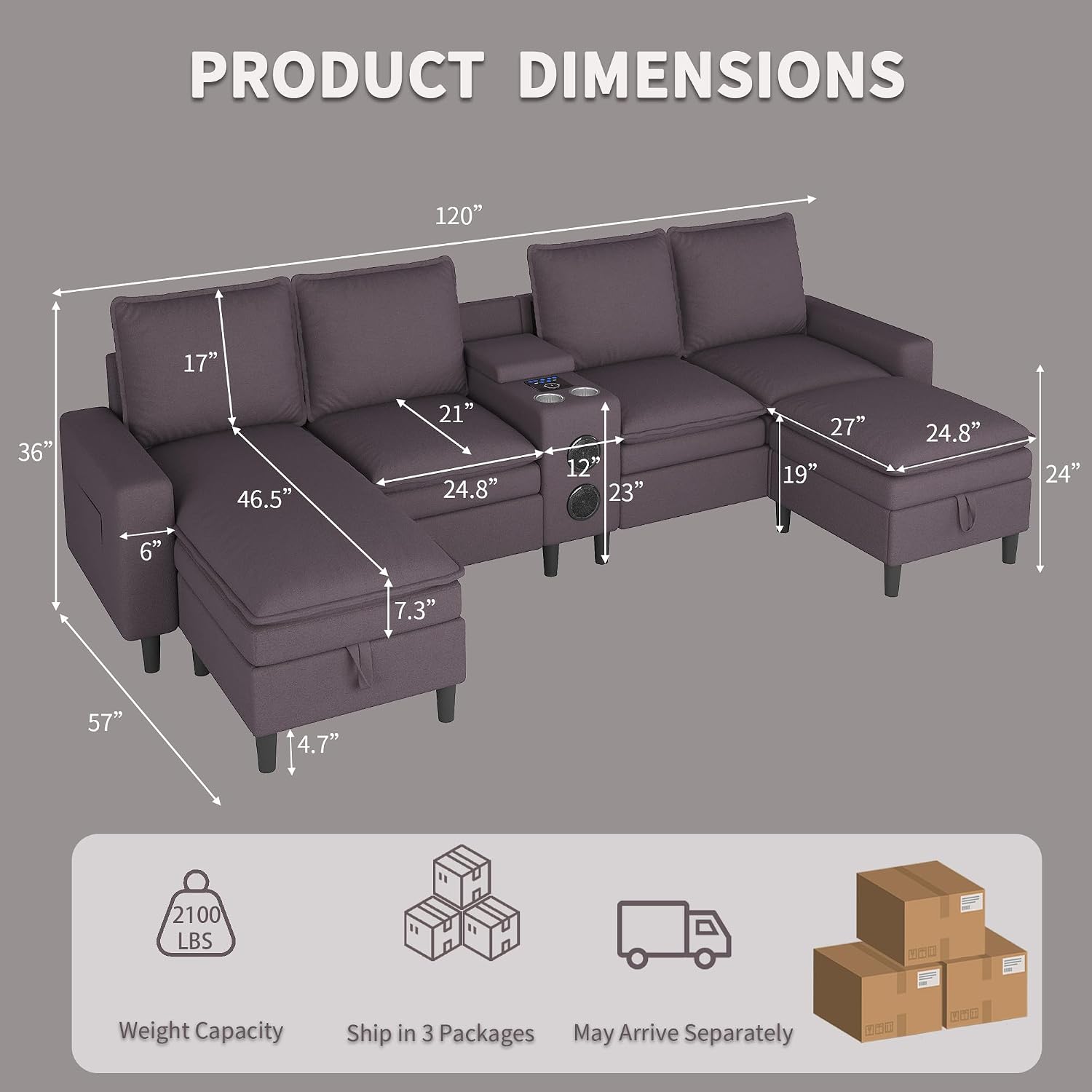 Sectional Couches for Living Room, 4 Seat Sectional Sofa with Smart Module-Bluetooth Speaker/RGB Light/Charging Station, Teddy Fleece U Shaped Cloud Couch with Storage Ottoman (Dark Grey)