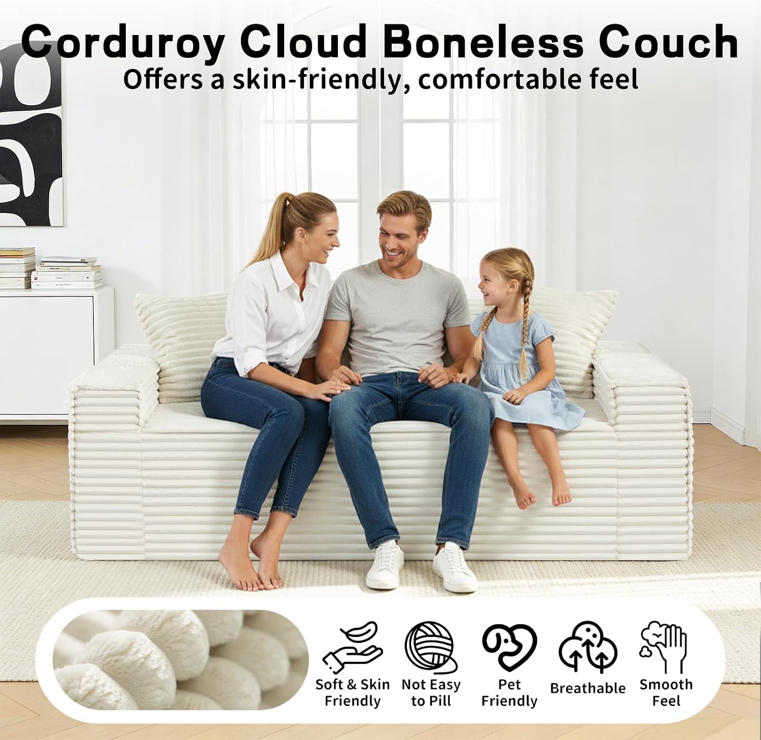 3 Seater Sofa Couch for Living Room (Beige, 38' D + 2 Pillows)