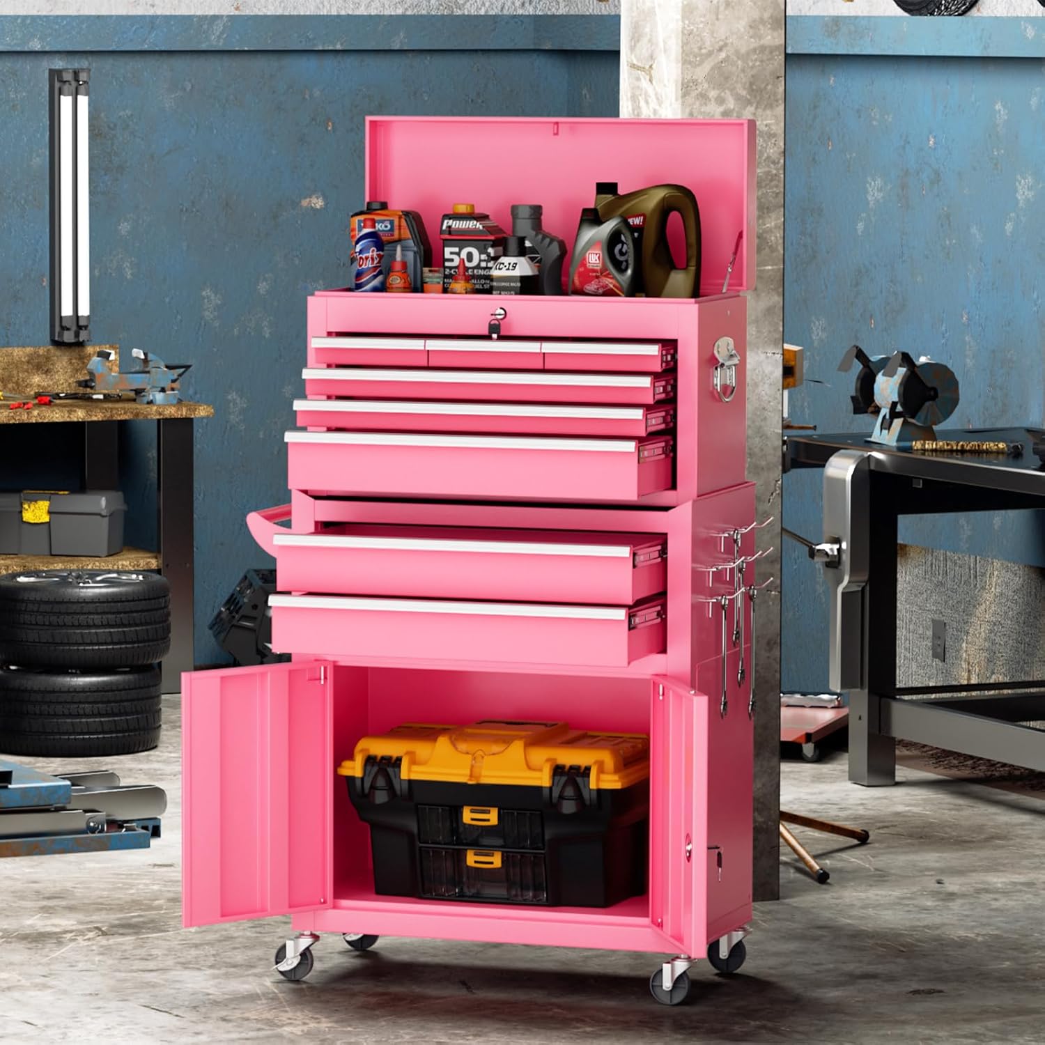 Crownland 8 Drawer Rolling Tool Chest with Wheels, Lockable 2 in 1 Detachable Tool Cabinet wit Drawers and Black Liners, Garage Top Toolbox and Bottom Storage Cart with Side Hooks,Pink