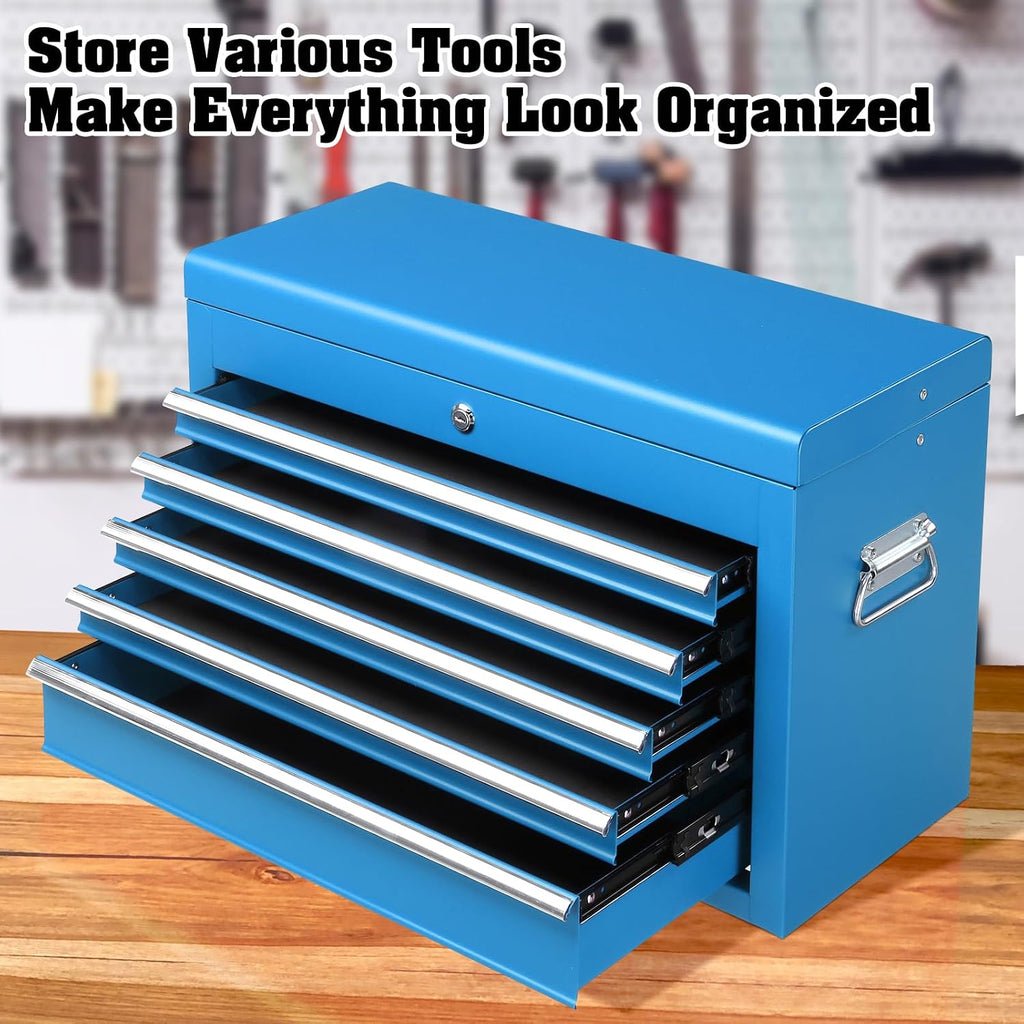 Winado 24' Portable Tool Box, 5 Drawer Tool Chest with Carry Handle, Top Case, Ball Bearing Runners, Lockable Metal Hand Toolbox for Garage, Warehouse, Repair Shop & Home, Blue