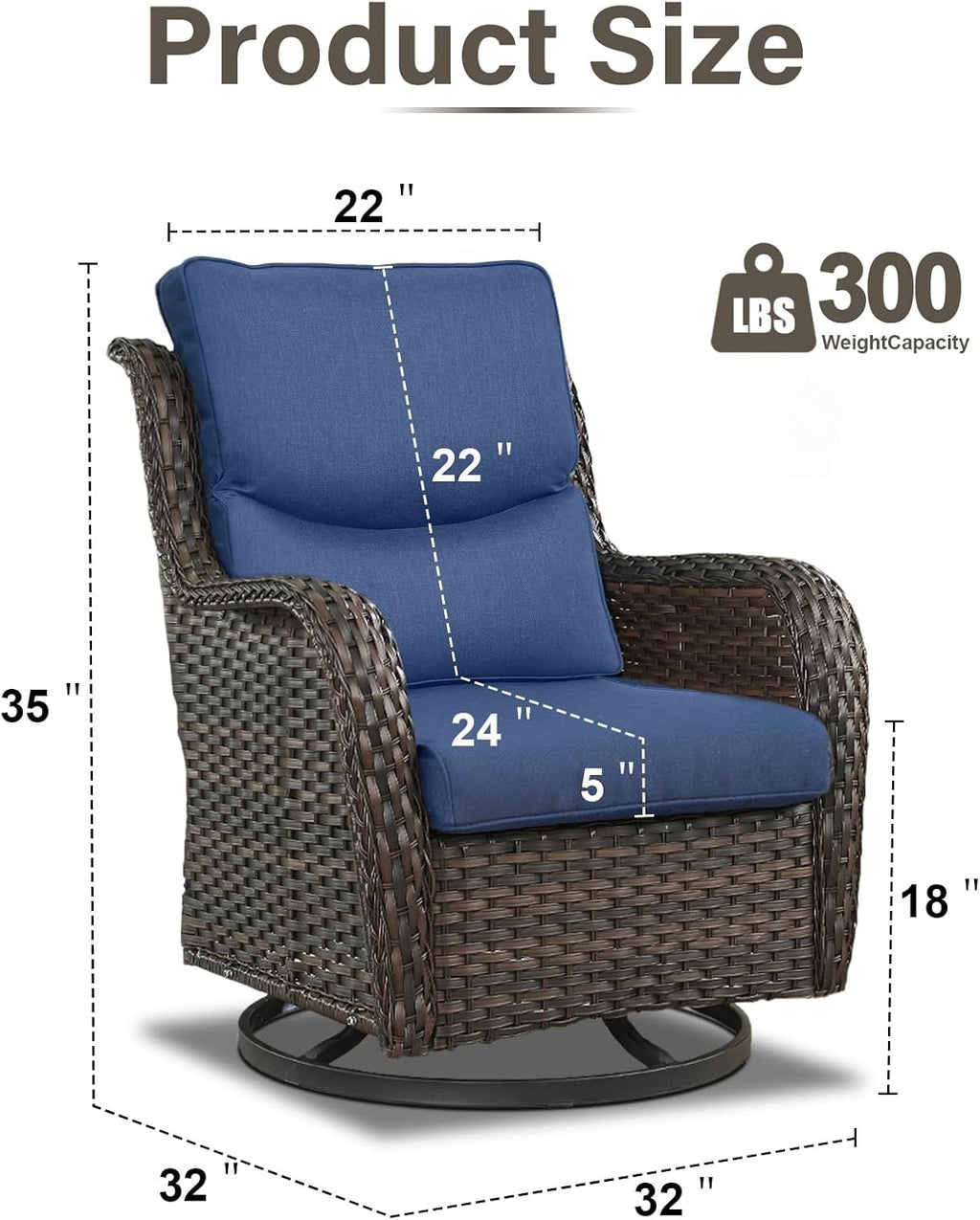 Swivel Patio Chairs Set of 2 with 5' Thick Cushion - Wicker Outdoor Swivel Rocker Patio Chairs, High Back Comfortable Outdoor Glider Chair for Balcony, Porch, Deck, Poolside - Brown/Blue