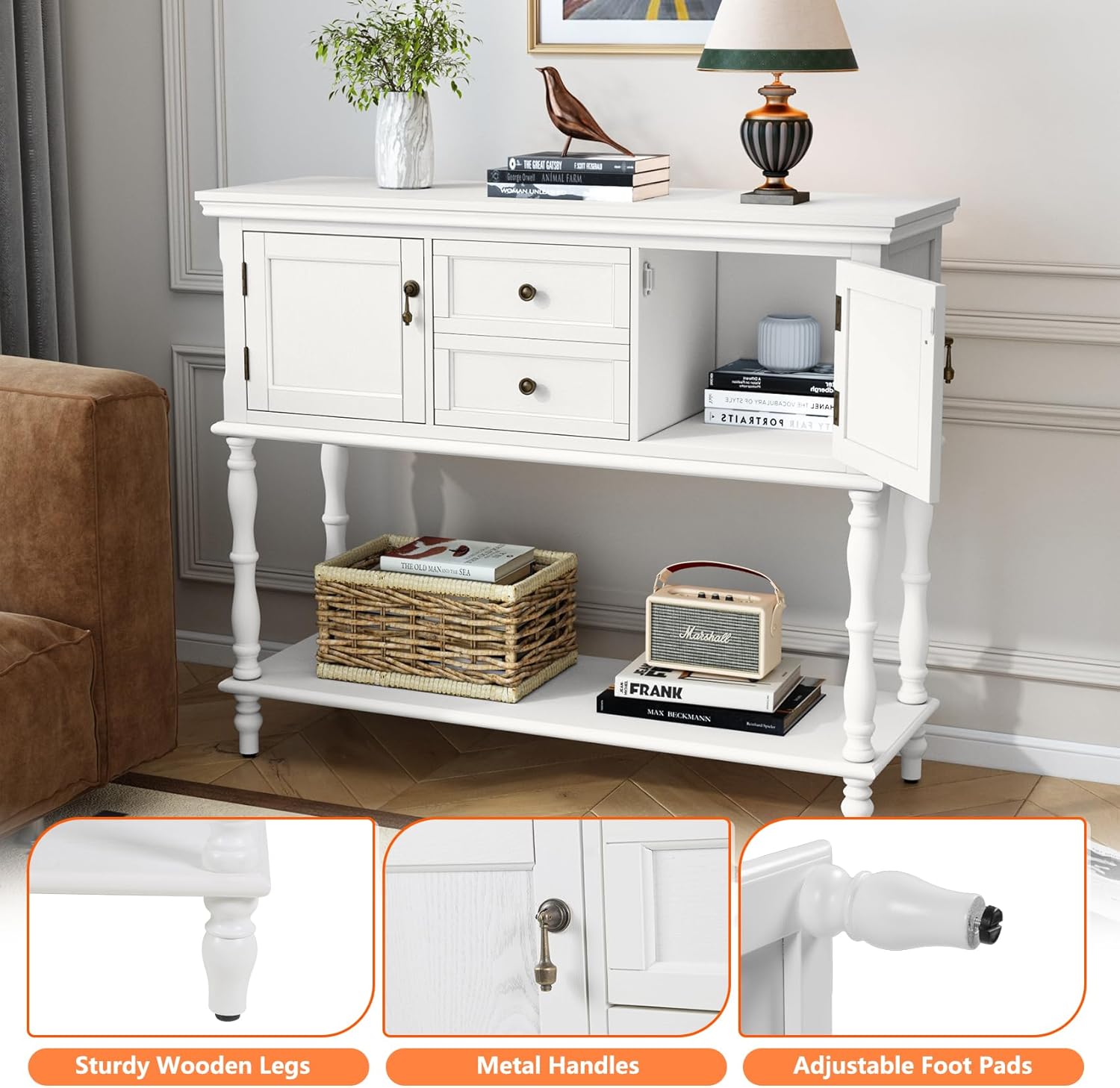 ARTPOWER Console Table with 2 Drawers, Retro Entryway Table with 2 Door Cabinets and Open Storage Shelf, Narrow Long Behind Couch Sofa Table for Living Room, Foyer, Hallway, White