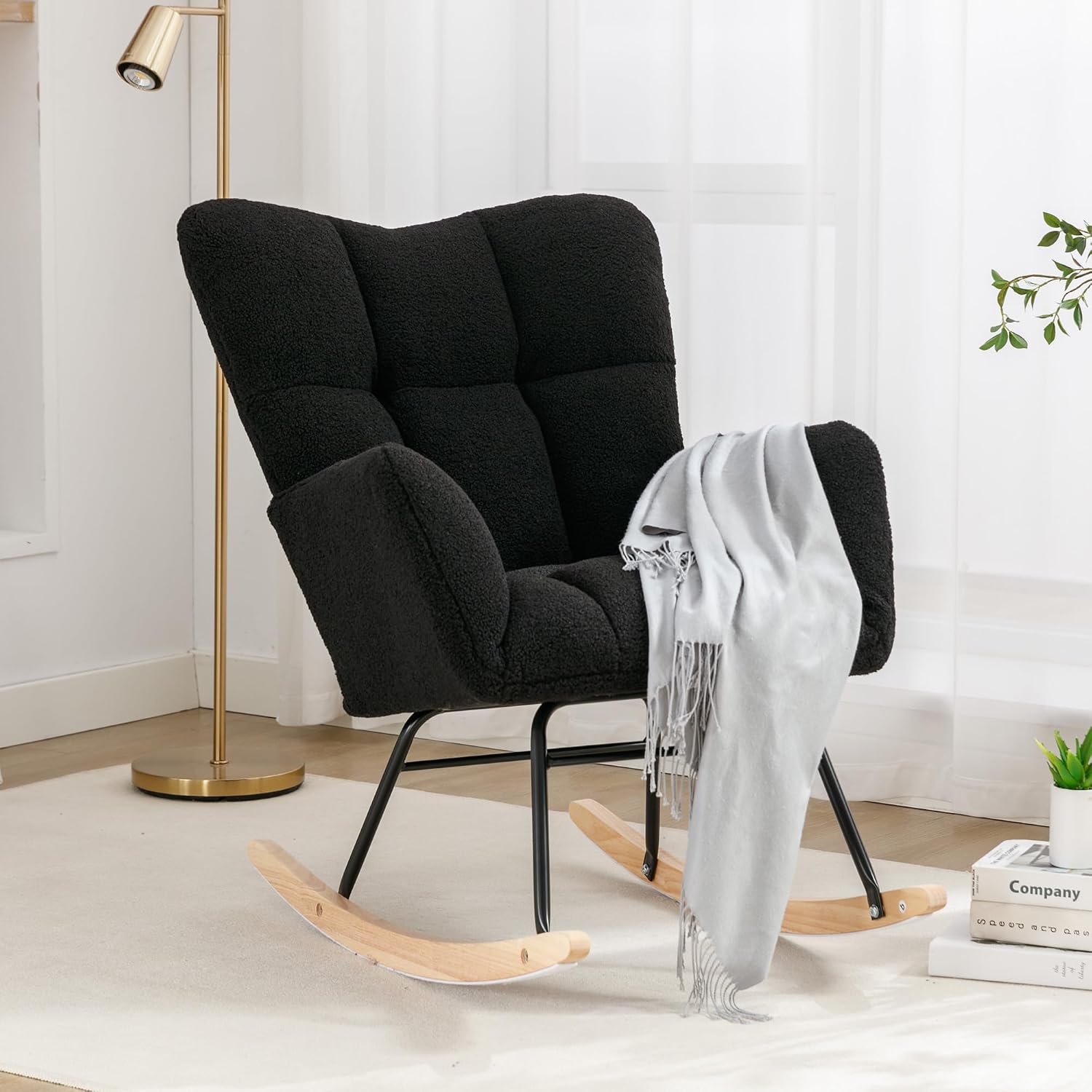 Setawix Teddy Fabric Rocking Accent Chair,Mid Century Modern Rocking Glider Armchair,Leisure Tufted Rocker Arm Chair for Nursery,Bedroom,Living Room (Teddy Black, 27.6')