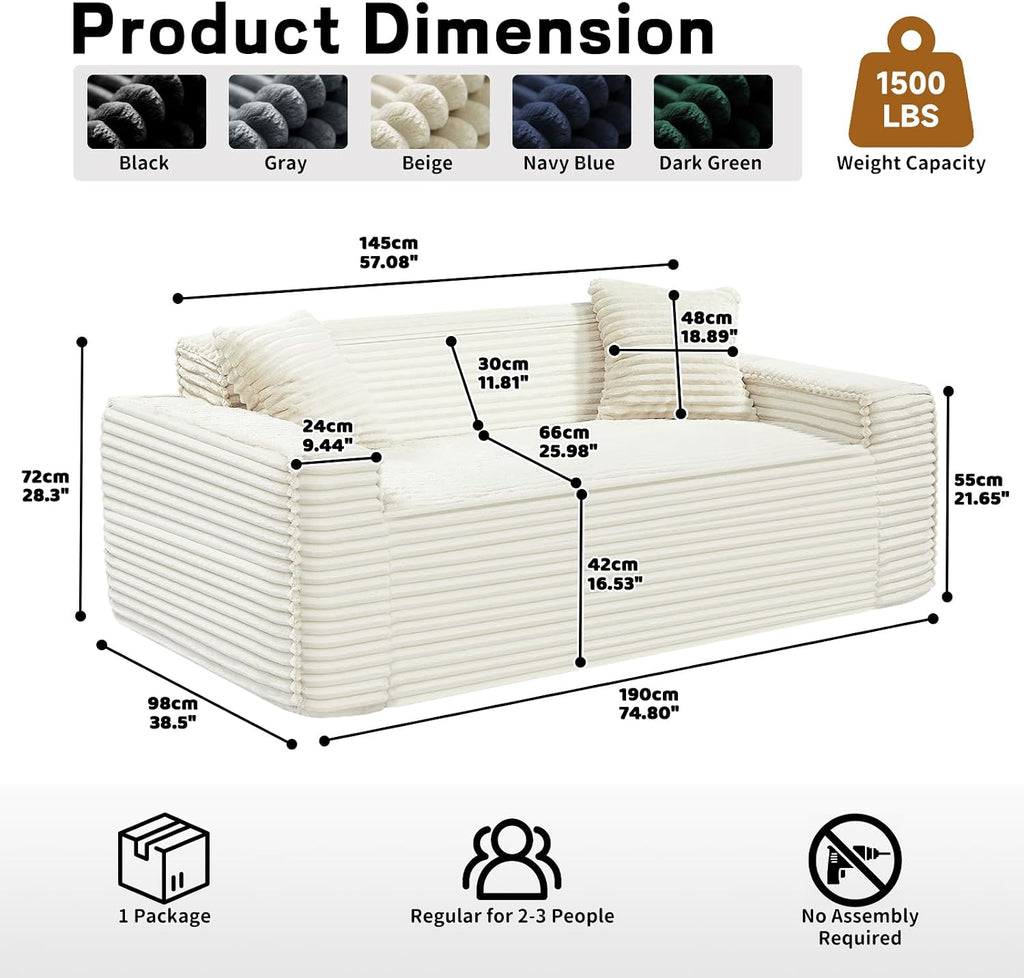 3 Seater Sofa Couch for Living Room (Beige, 38' D + 2 Pillows)