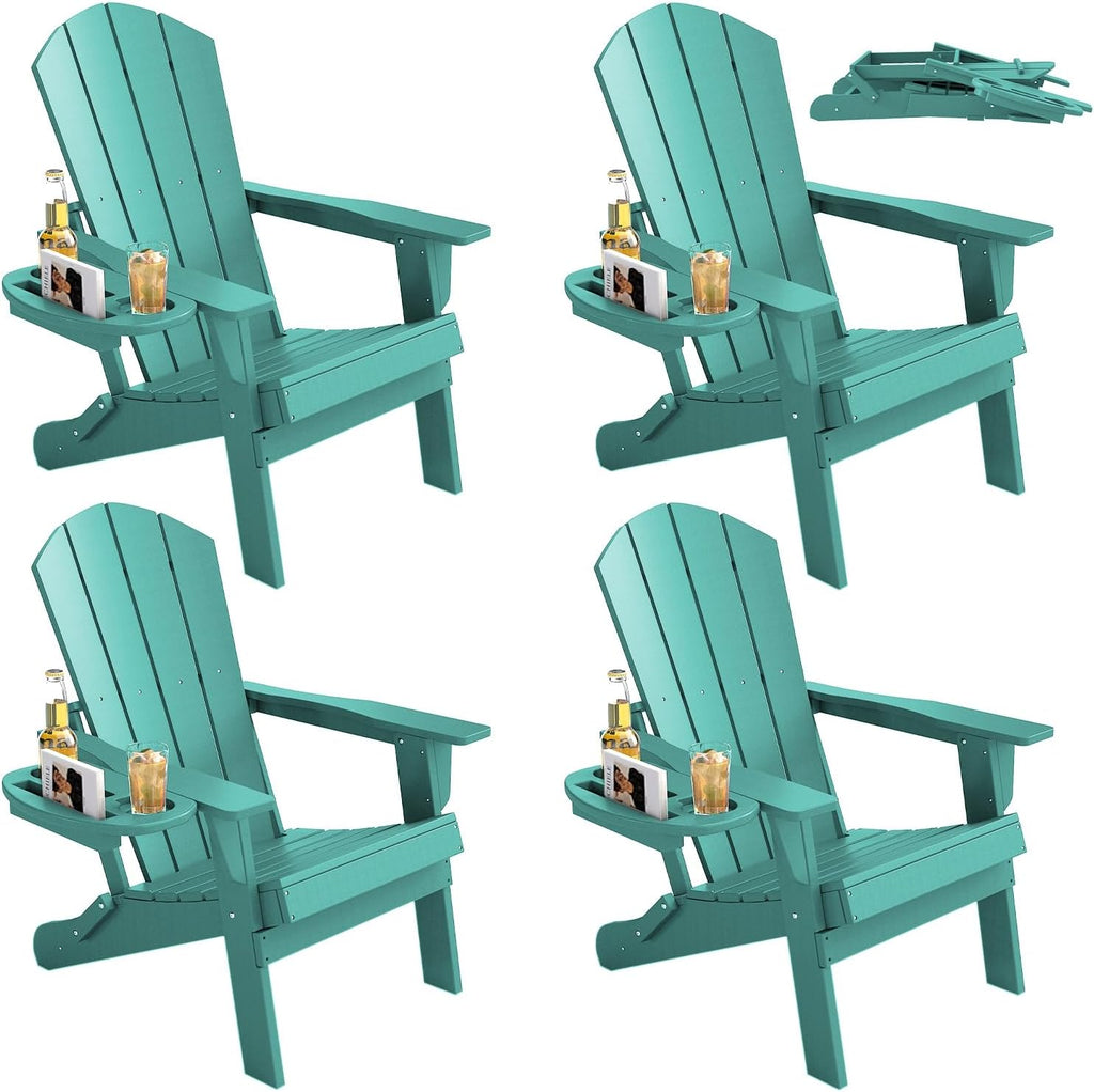 FOOWIN Folding Adirondack Chair Set of 4, HDPE Adirondack Chairs with Cup Holder, Weather Resistant Plastic Fire Pit Chairs for Outdoor, Patio, Lawn, Garden, Backyard, Deck, Lake Blue