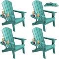 FOOWIN Folding Adirondack Chair Set of 4, HDPE Adirondack Chairs with Cup Holder, Weather Resistant Plastic Fire Pit Chairs for Outdoor, Patio, Lawn, Garden, Backyard, Deck, Lake Blue