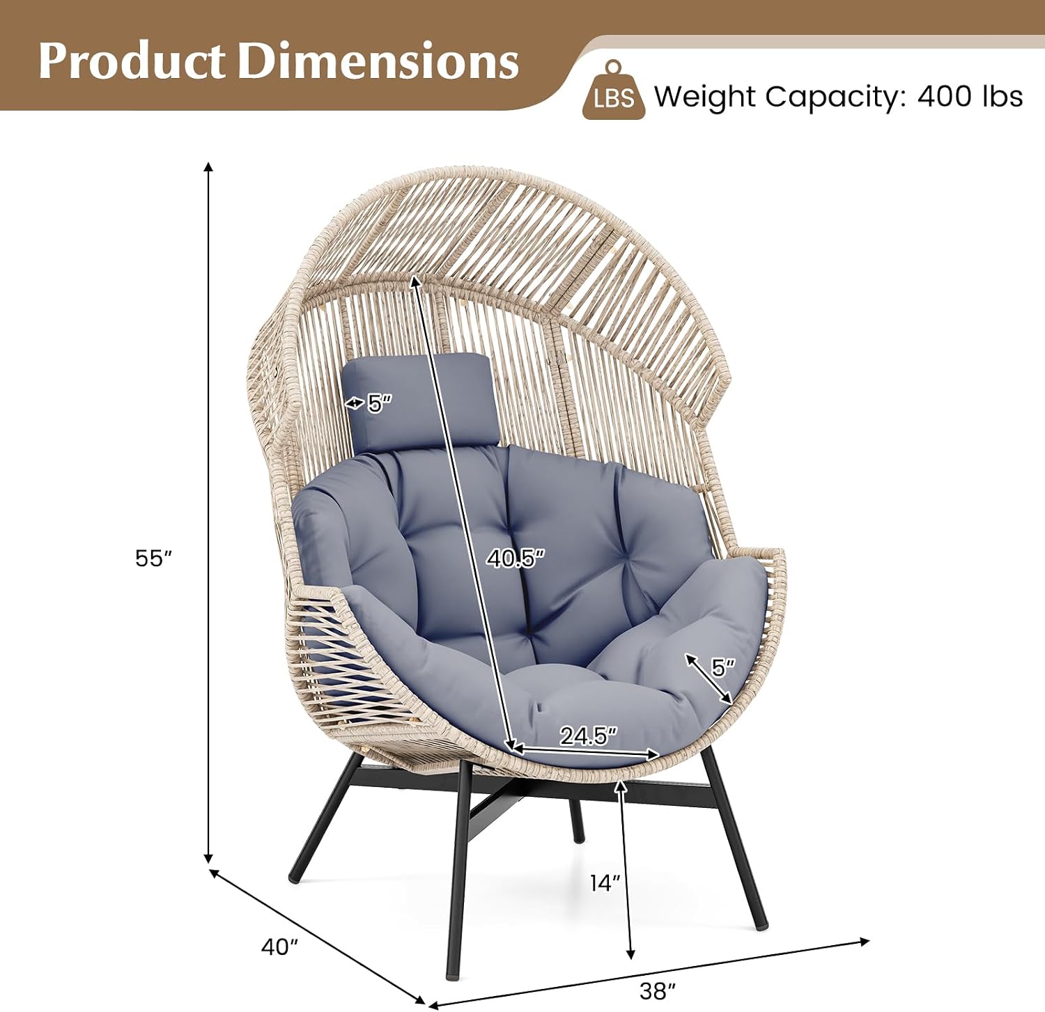 Tangkula Oversized Egg Style Chair, Wicker Stationary Patio Egg Chair w/Cushions & Headrest, Heavy-Duty Metal Frame, Patio Lounge Basket Sofa Chair for Yard, Porch, Living Room