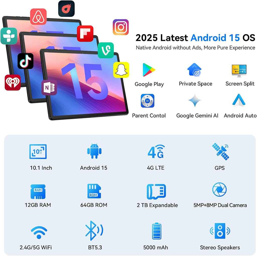 Topsand 10 Inch Android 15 Tablet with SIM Card Slot Uncloked,4G Cellular Tablet Phone, Octa-Core, 12GB+64GB, 2TB Expandable, Dual Cameras, 2.4G/5G WiFi, BT5.0, GPS (Case Included)
