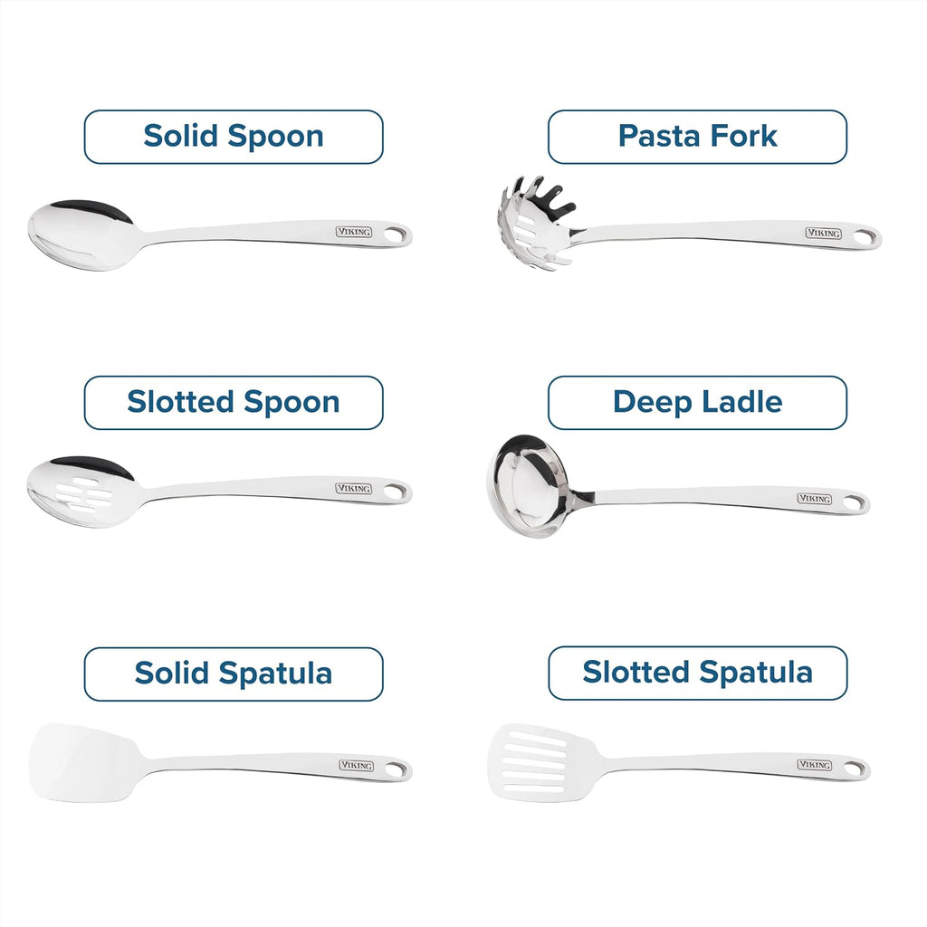 Viking Kitchen Utensils Set, 6 Piece Stainless Steel Cooking Utensil Set, Includes Spatulas, Spoons, Pasta Fork, and Deep Ladle, Hollow Forged, Silver