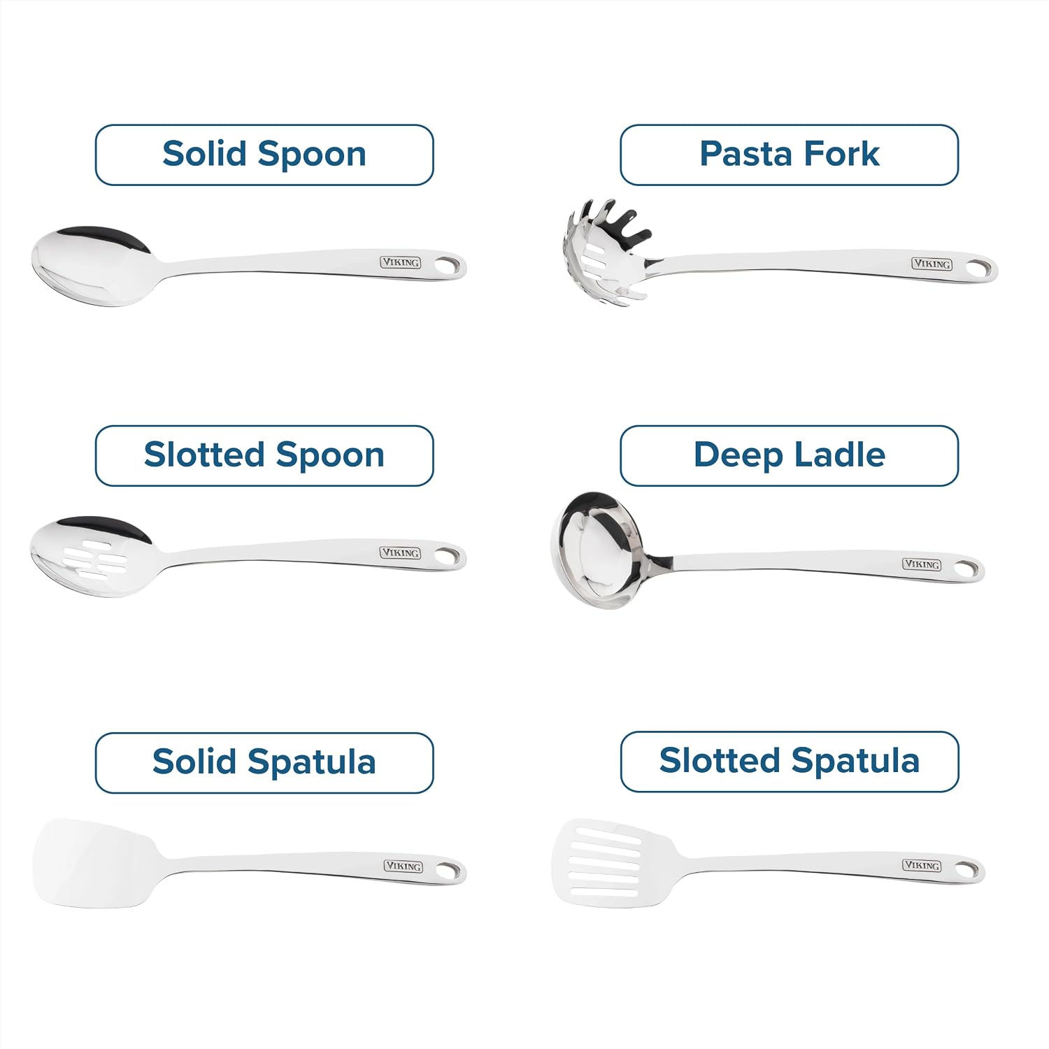 Viking Kitchen Utensils Set, 6 Piece Stainless Steel Cooking Utensil Set, Includes Spatulas, Spoons, Pasta Fork, and Deep Ladle, Hollow Forged, Silver