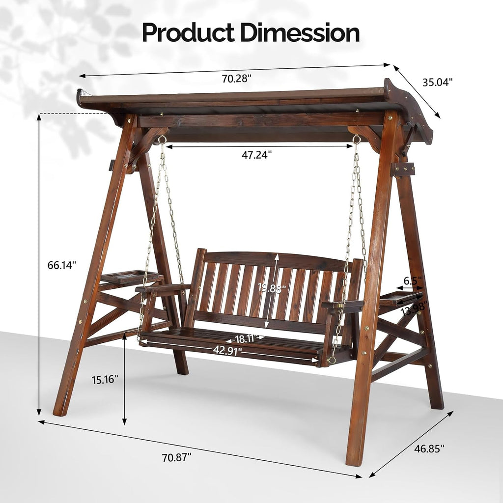 VINGLI Porch Swing with Stand, Porch Swing with Canopy, Waterproof Patio Swing with Cup Holder, Outdoor Swing Set for Garden, Yard, Patio, Rustic
