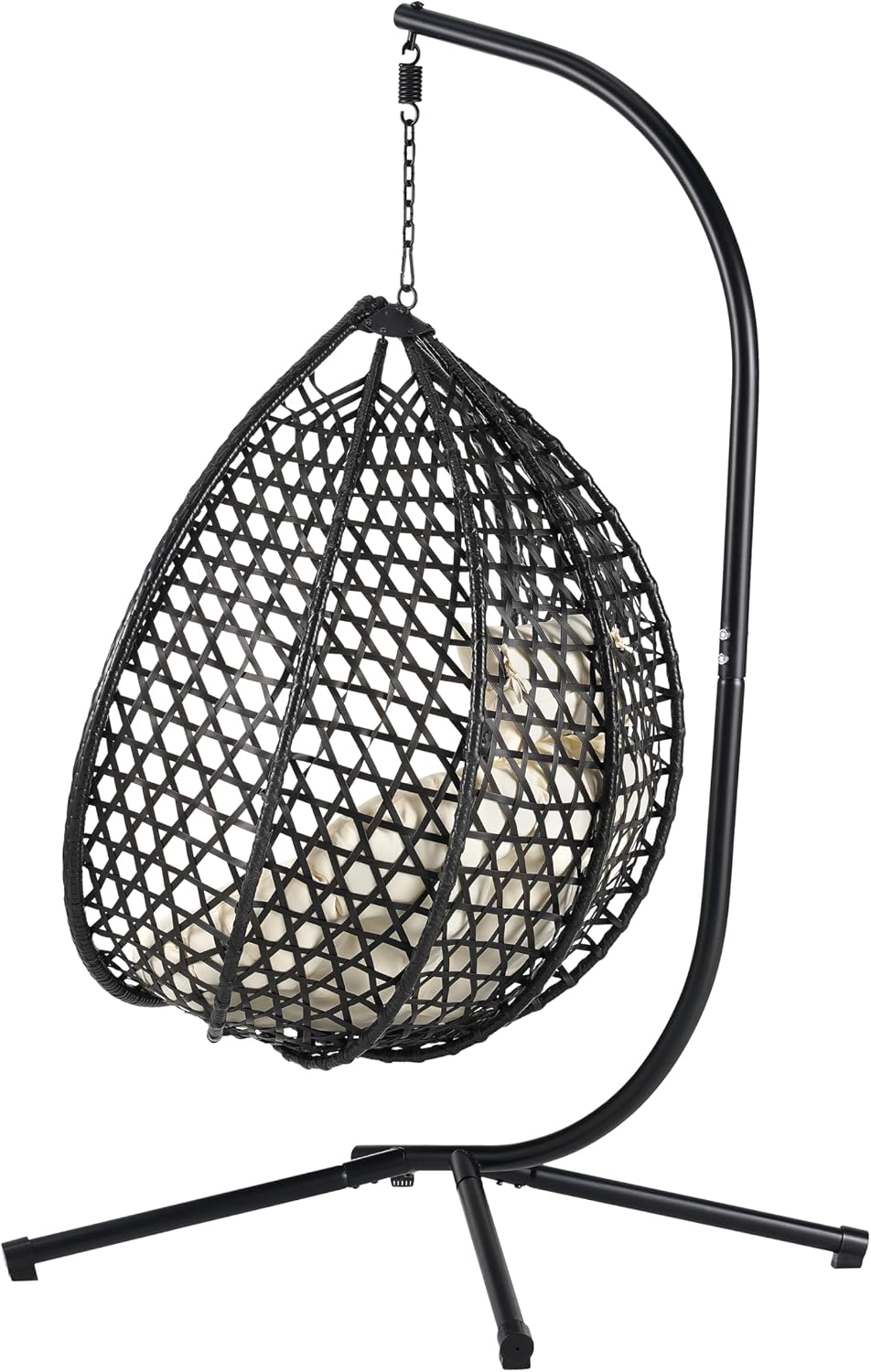 Egg Chair with Stand Patio Rattan Wicker Hanging Swing Egg Chair Hammock Chair for Indoor and Outdoor Egg Hanging Chair for Balcony Porch Garden 330lbs Capacity - Black+Beige