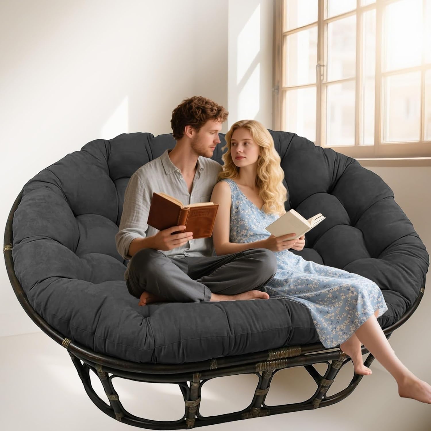 Oversized Double Papasan Chair Cushion, Indoor Outdoor Wicker Egg Rocker Cushions for Patio Furniture, Overstuffed Round Cushion, (Frame NOT Included)