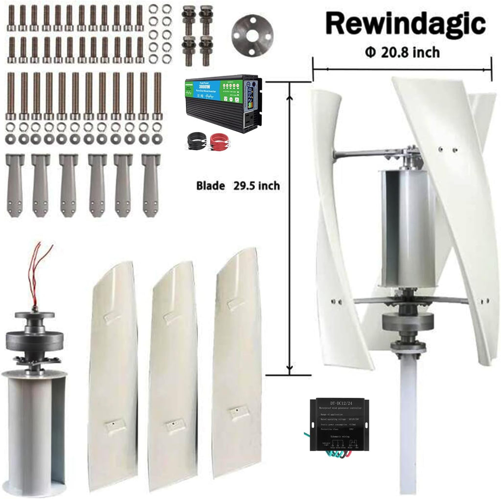 Vertical Wind Turbine Generator, 3000W 12V 24V 48V 220V 3 Blade Noiseless Magnetic Levitation Wind Turbine Set with Inverter for Home Or Camping