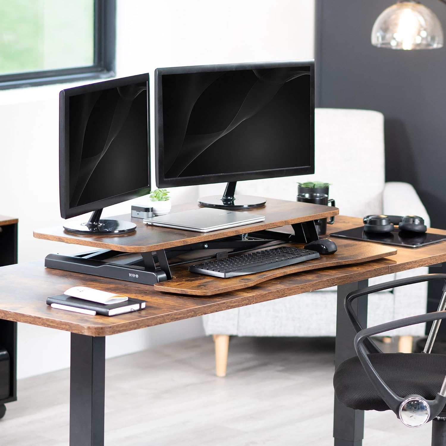 VIVO 36 inch Desk Converter, K Series, Height Adjustable Sit to Stand Riser, Dual Monitor and Laptop Workstation with Wide Keyboard Tray, Rustic Vintage Brown Top, Black Frame, DESK-V036KN